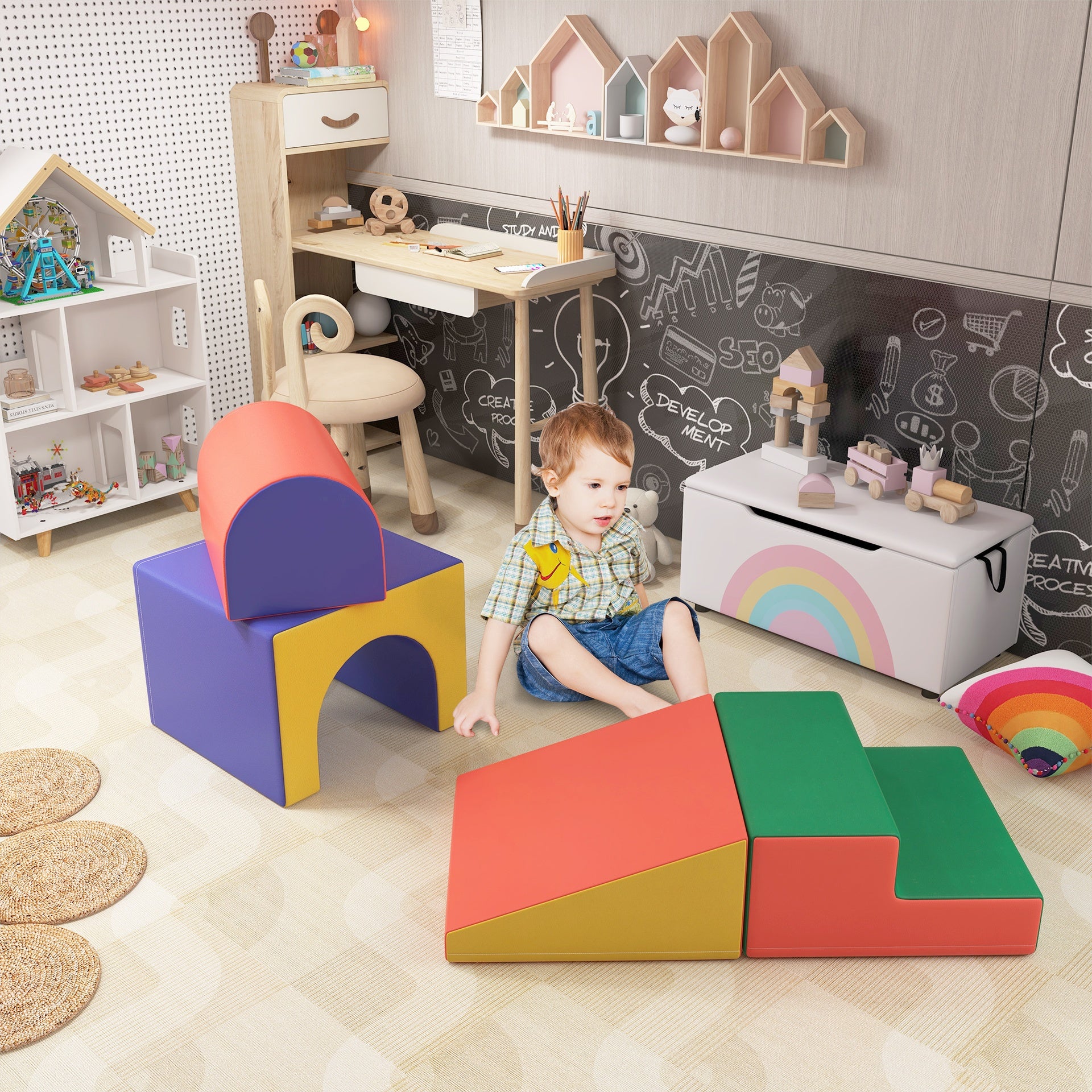 Qaba 4 Piece Foam Play Set, Soft & Safe Kids Toddlers Children Climbing Set for Crawling or Sliding, Assorted