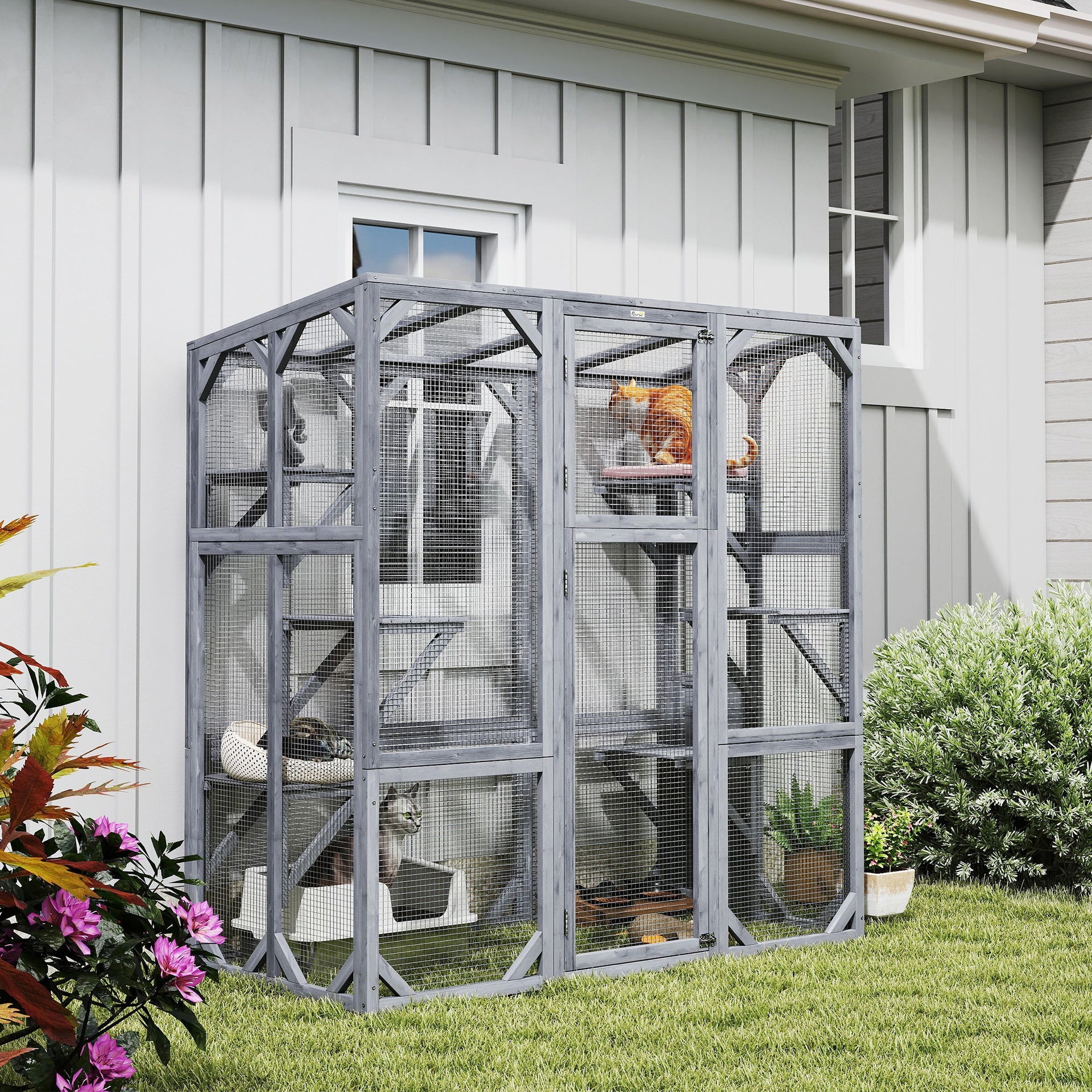 PawHut Large Wooden Catio Outdoor with 6 Jumping Platforms, Weatherproof Roof, for 1-3 Cats, 59" x 28" x 60", Gray