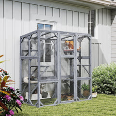 PawHut Large Wooden Catio Outdoor with 6 Jumping Platforms, Weatherproof Roof, for 1-3 Cats, 59" x 28" x 60", Gray