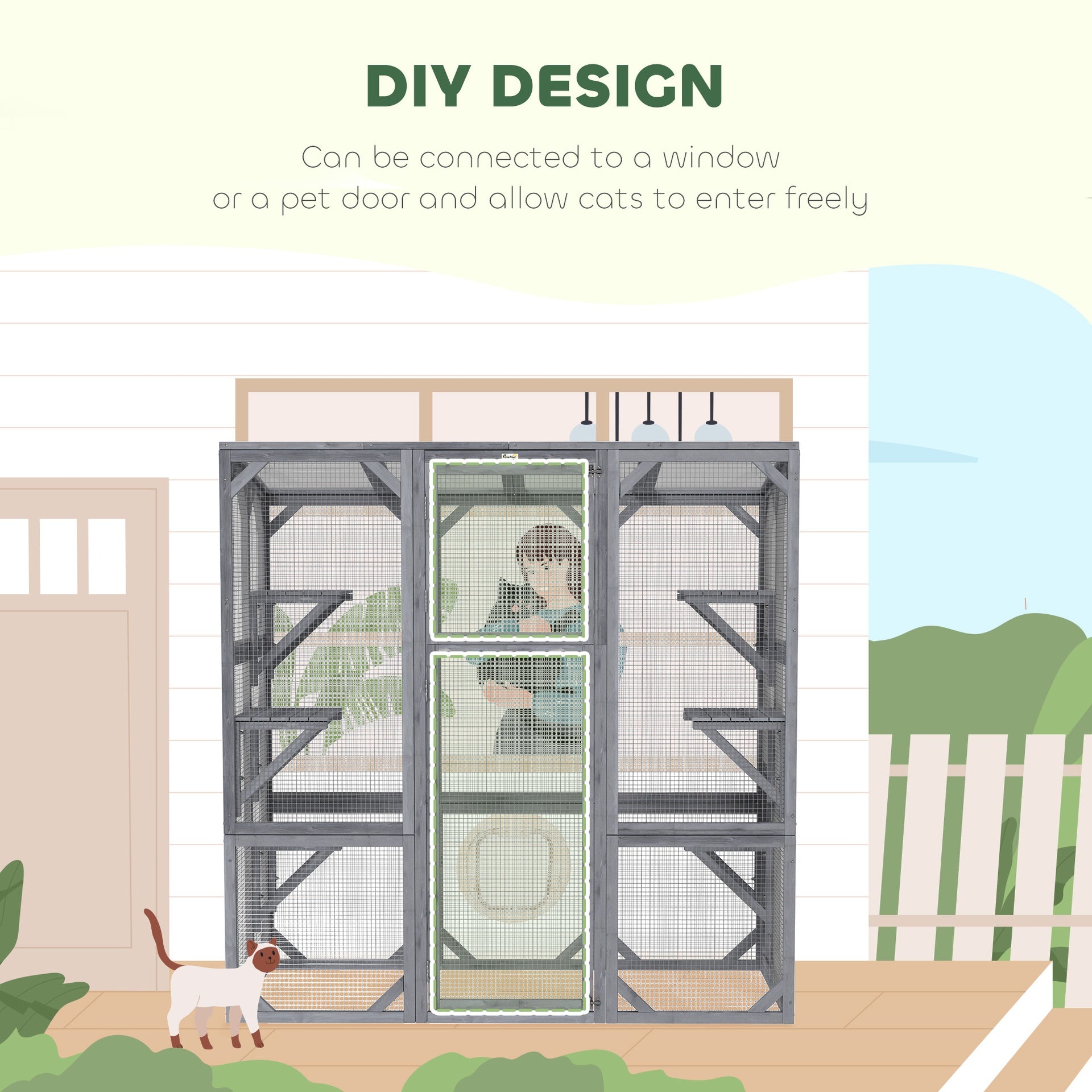 PawHut Large Wooden Catio Outdoor with 6 Jumping Platforms, Weatherproof Roof, for 1-3 Cats, 59" x 28" x 60", Gray