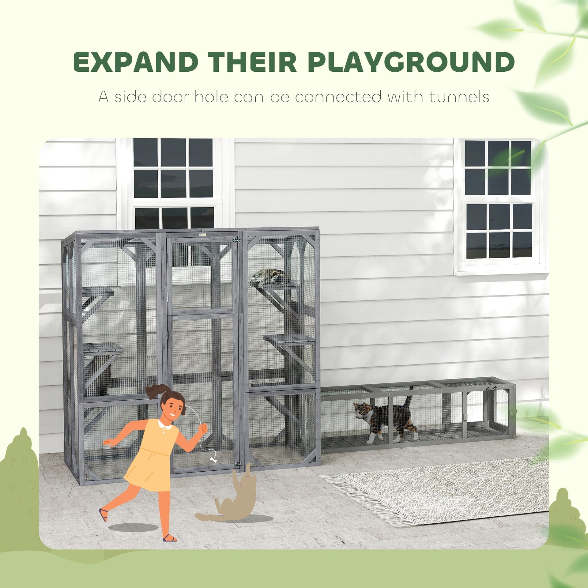 PawHut Large Wooden Catio Outdoor with 6 Jumping Platforms, Weatherproof Roof, for 1-3 Cats, 59" x 28" x 60", Gray