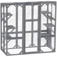 PawHut Large Wooden Catio Outdoor with 6 Jumping Platforms, Weatherproof Roof, for 1-3 Cats, 59" x 28" x 60", Gray