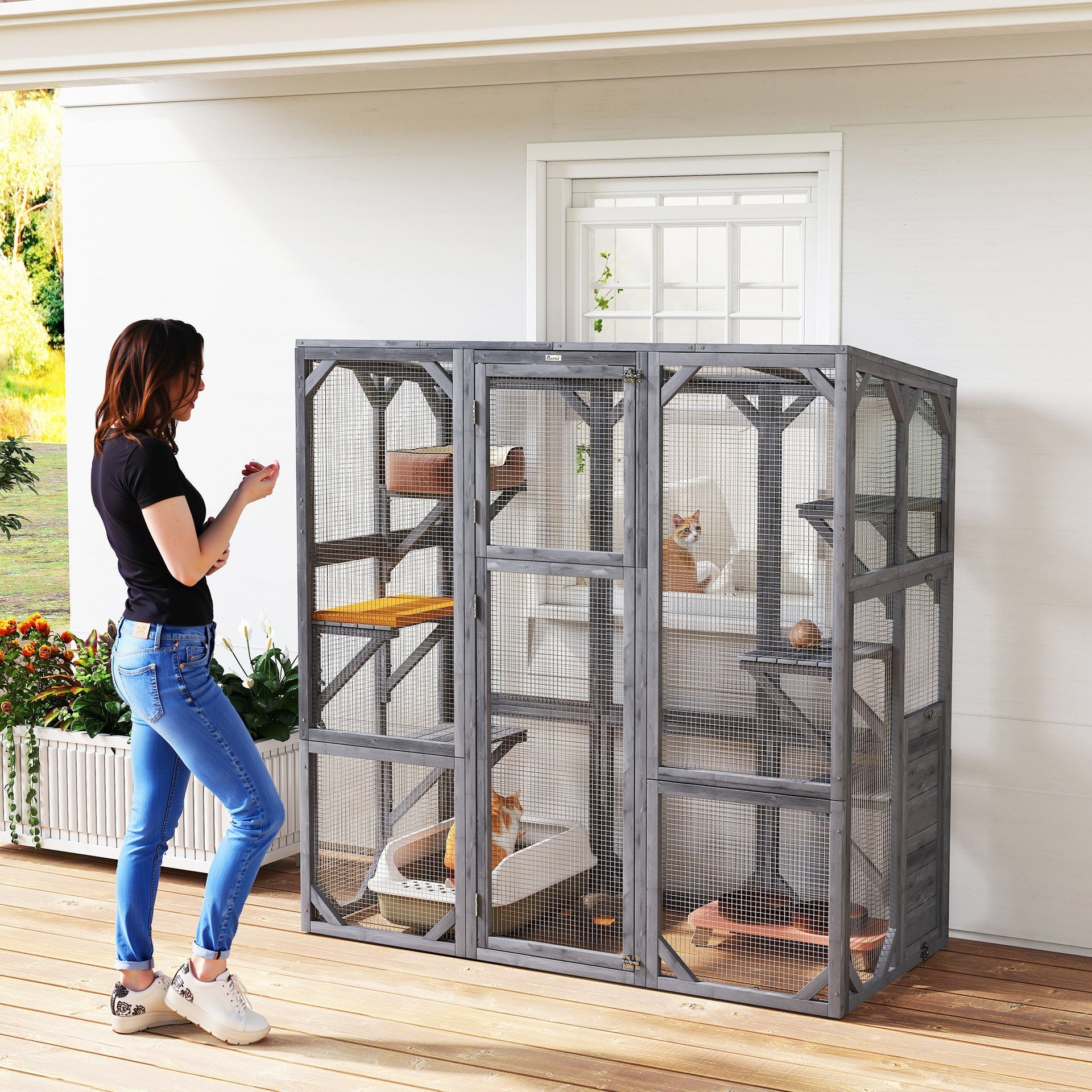 PawHut Large Wooden Catio Outdoor with 6 Jumping Platforms, Weatherproof Roof, for 1-3 Cats, 59" x 28" x 60", Gray