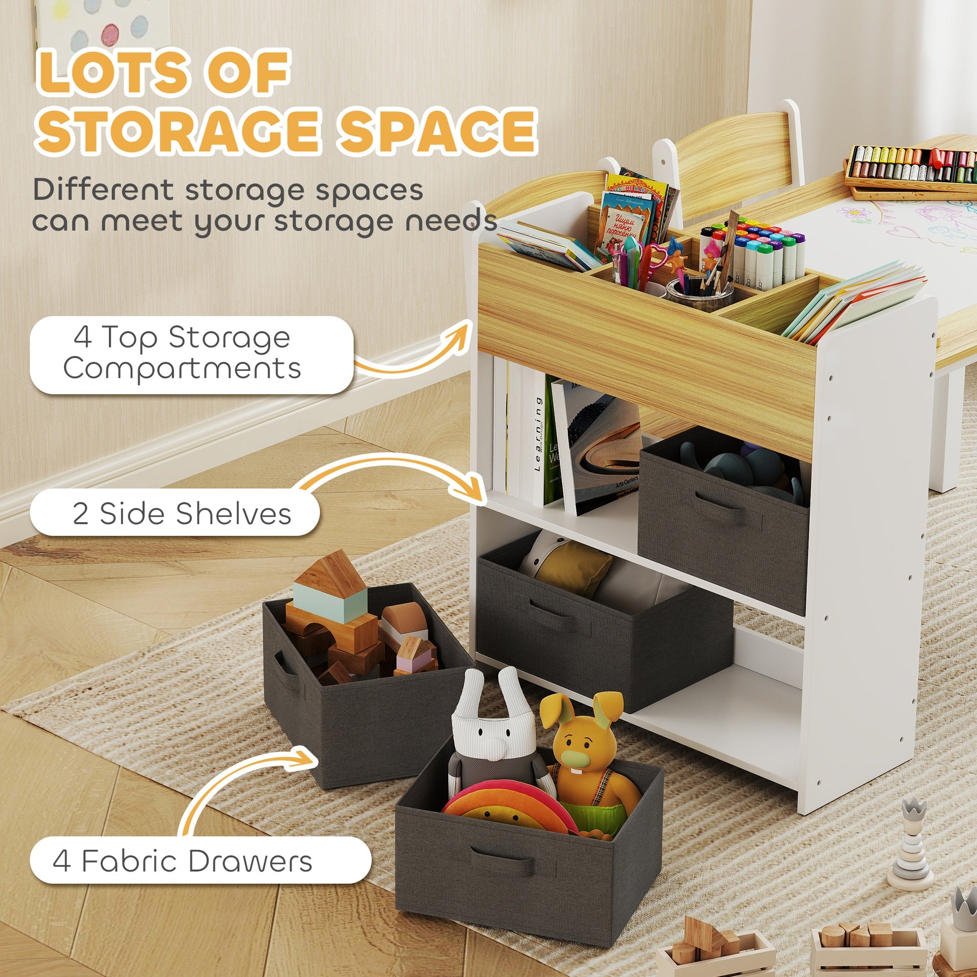 Qaba Kids Desk and Chair Set with Paper Roll, Kids Activity Craft Table with Storage Shelves and Drawers, Natural Wood