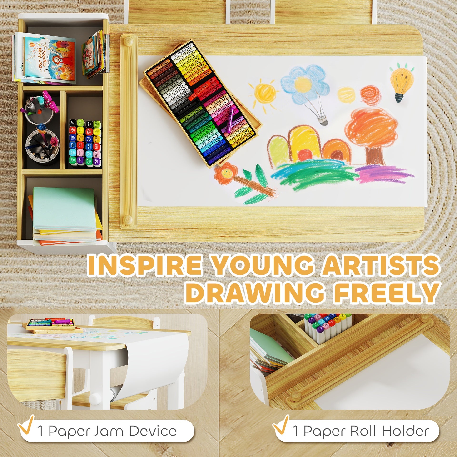 Qaba Kids Desk and Chair Set with Paper Roll, Kids Activity Craft Table with Storage Shelves and Drawers, Natural Wood