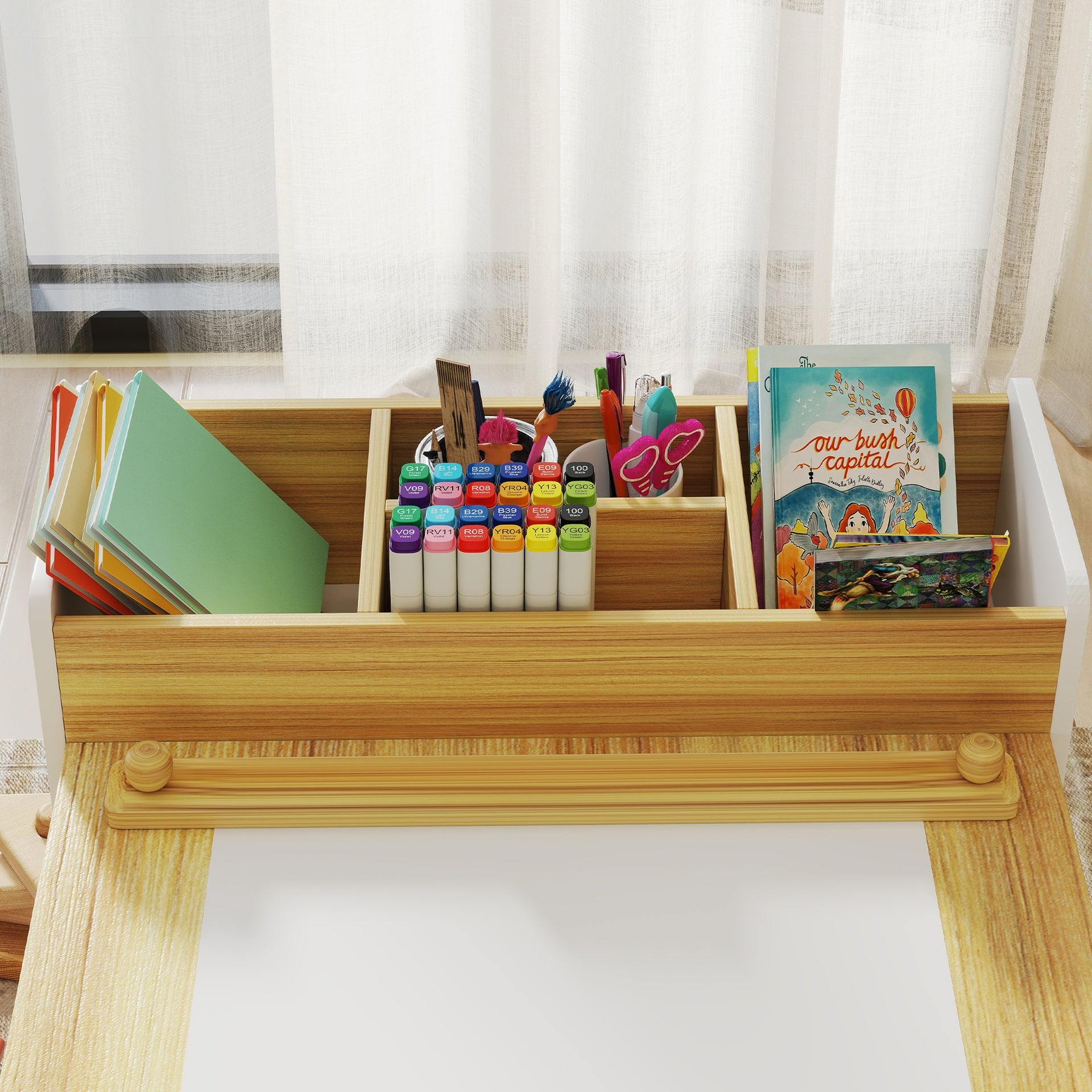 Qaba Kids Desk and Chair Set with Paper Roll, Kids Activity Craft Table with Storage Shelves and Drawers, Natural Wood