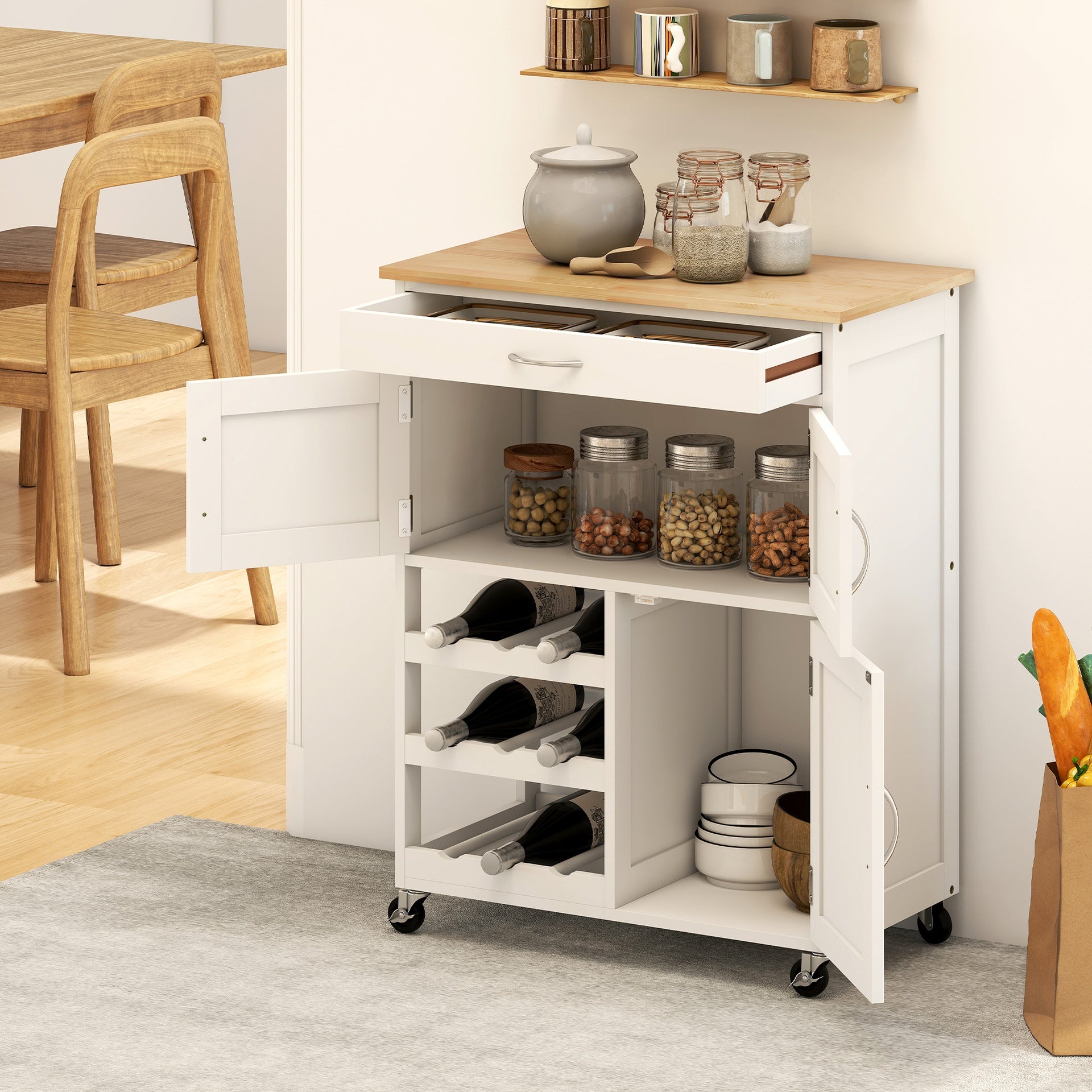 HOMCOM Rolling Kitchen Cart, Kitchen Island with Storage Drawer, 9-bottle Wine Rack, Door Cabinets, Wooden Countertop, White