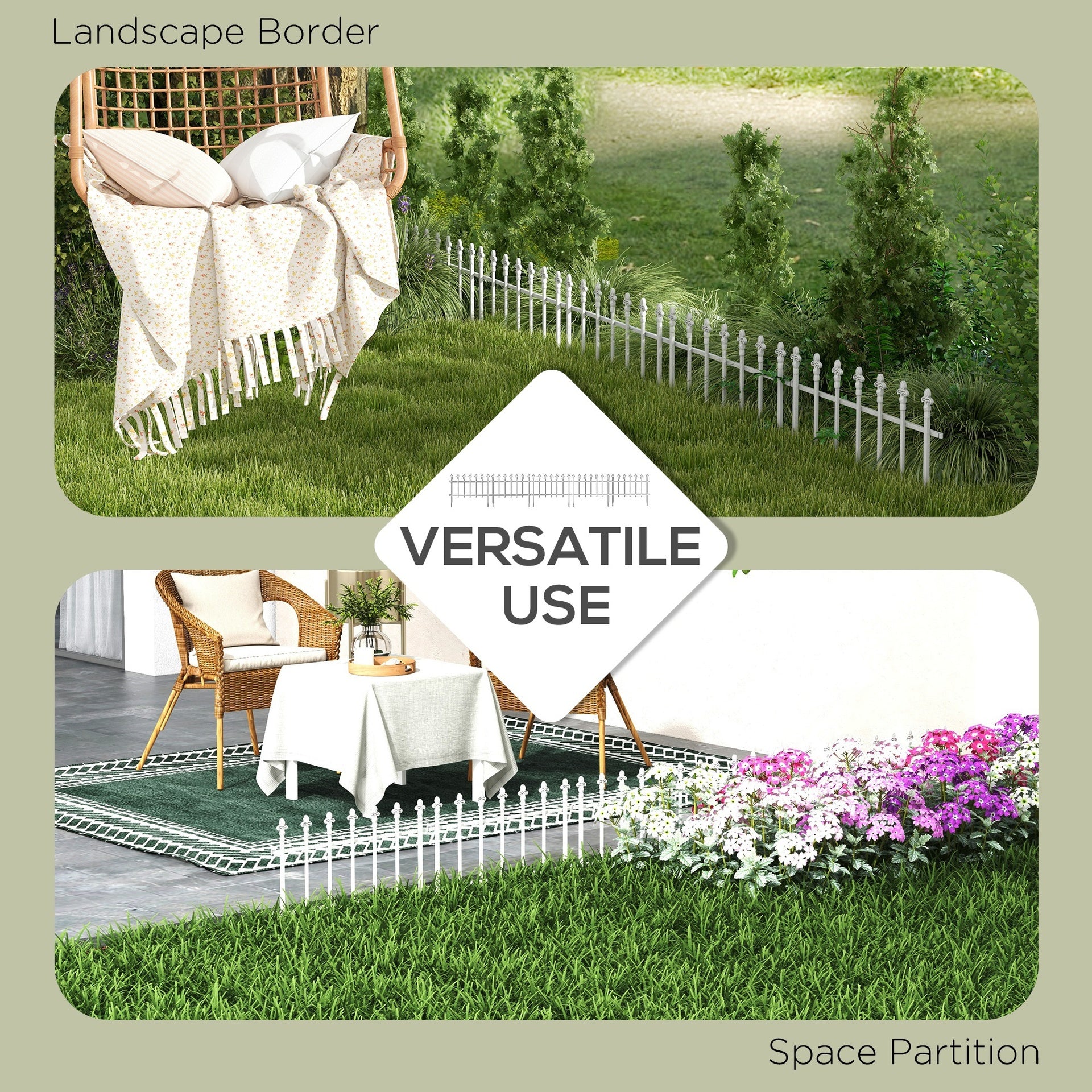 Outsunny Metal Decorative Garden Fence, 9.2' x 17.25" 5 Steel Panels, Decorative Border for Landscape, Flower Bed, Animals, White