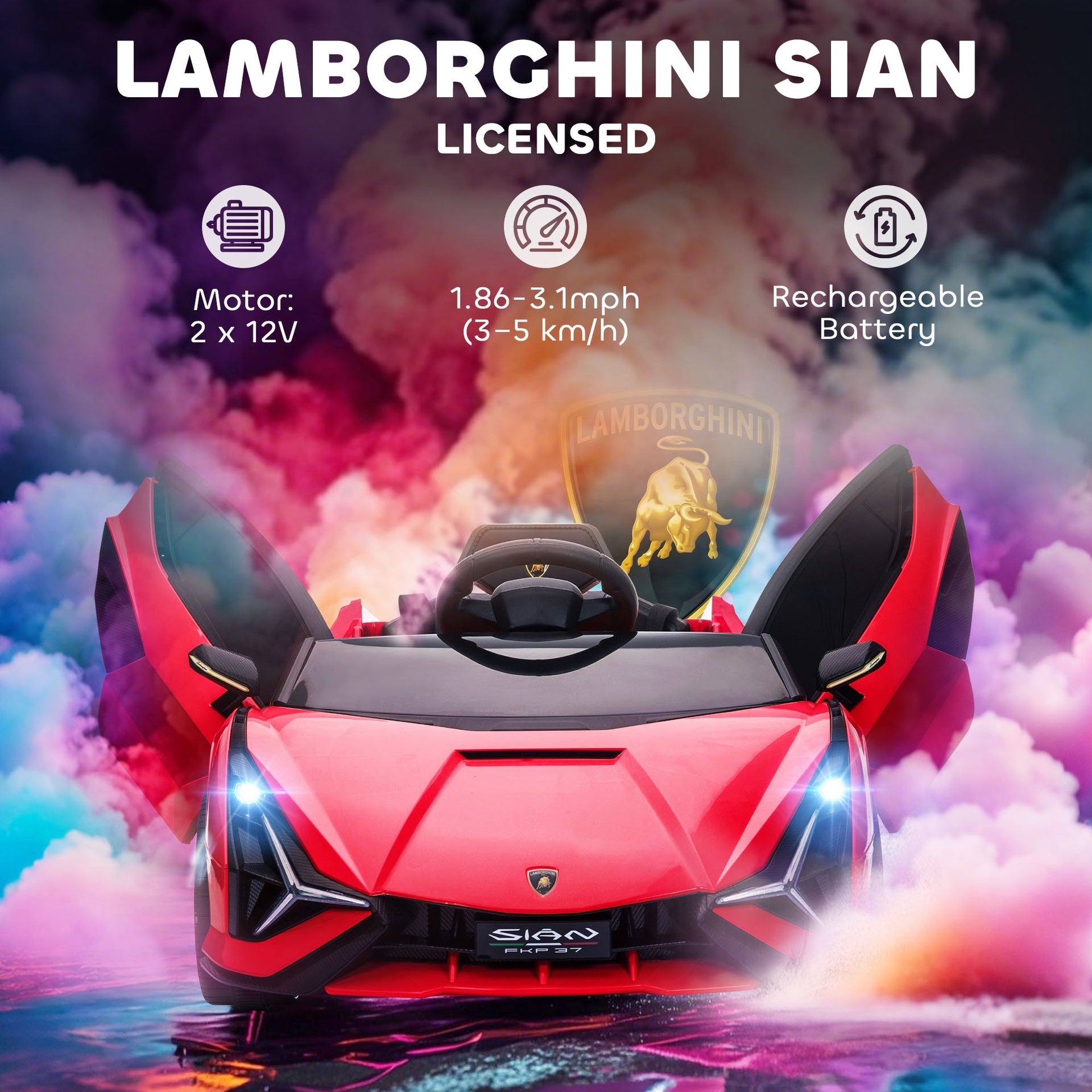 Aosom 12V Lamborghini SIAN Licensed Electric Car for kids with Remote Control, Horn, Music, & Headlights, Red