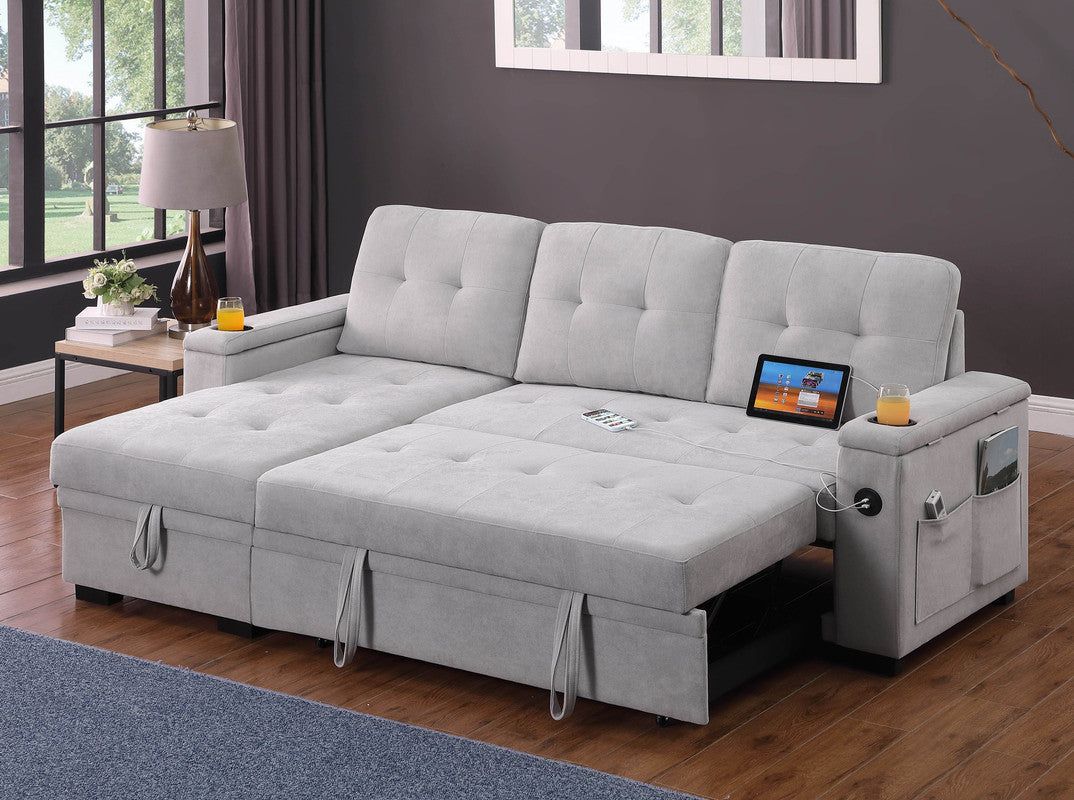 Aurora II 84"W Gray Woven Fabric Reversible Sleeper Sectional Sofa with Storage Chaise, Storage Arm, Cup Holder, Charging Ports, Side Pockets, and Pocket Coil Seating