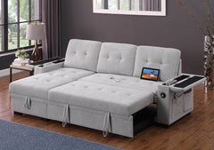 Aurora II 84"W Gray Woven Fabric Reversible Sleeper Sectional Sofa with Storage Chaise, Storage Arm, Cup Holder, Charging Ports, Side Pockets, and Pocket Coil Seating