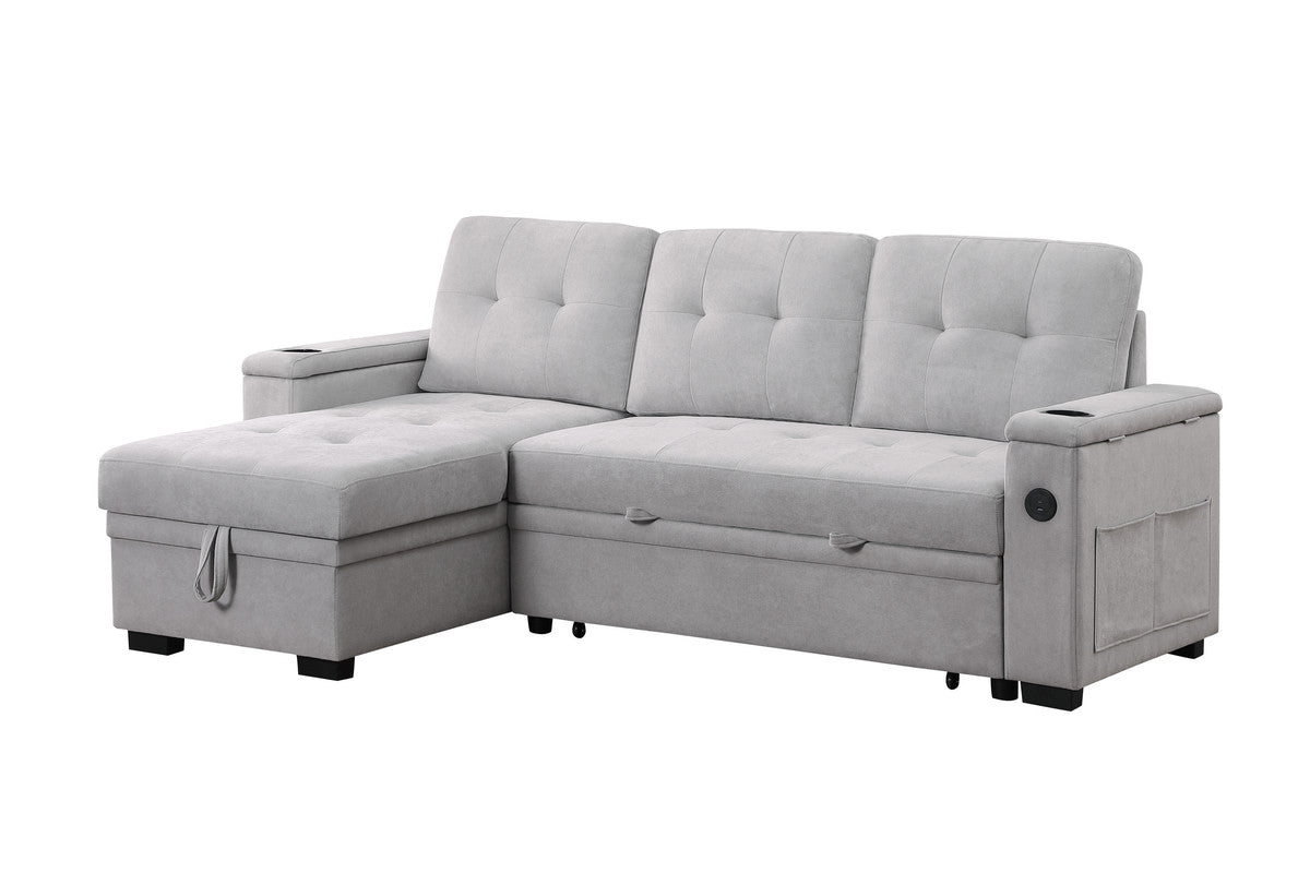 Aurora II 84"W Gray Woven Fabric Reversible Sleeper Sectional Sofa with Storage Chaise, Storage Arm, Cup Holder, Charging Ports, Side Pockets, and Pocket Coil Seating