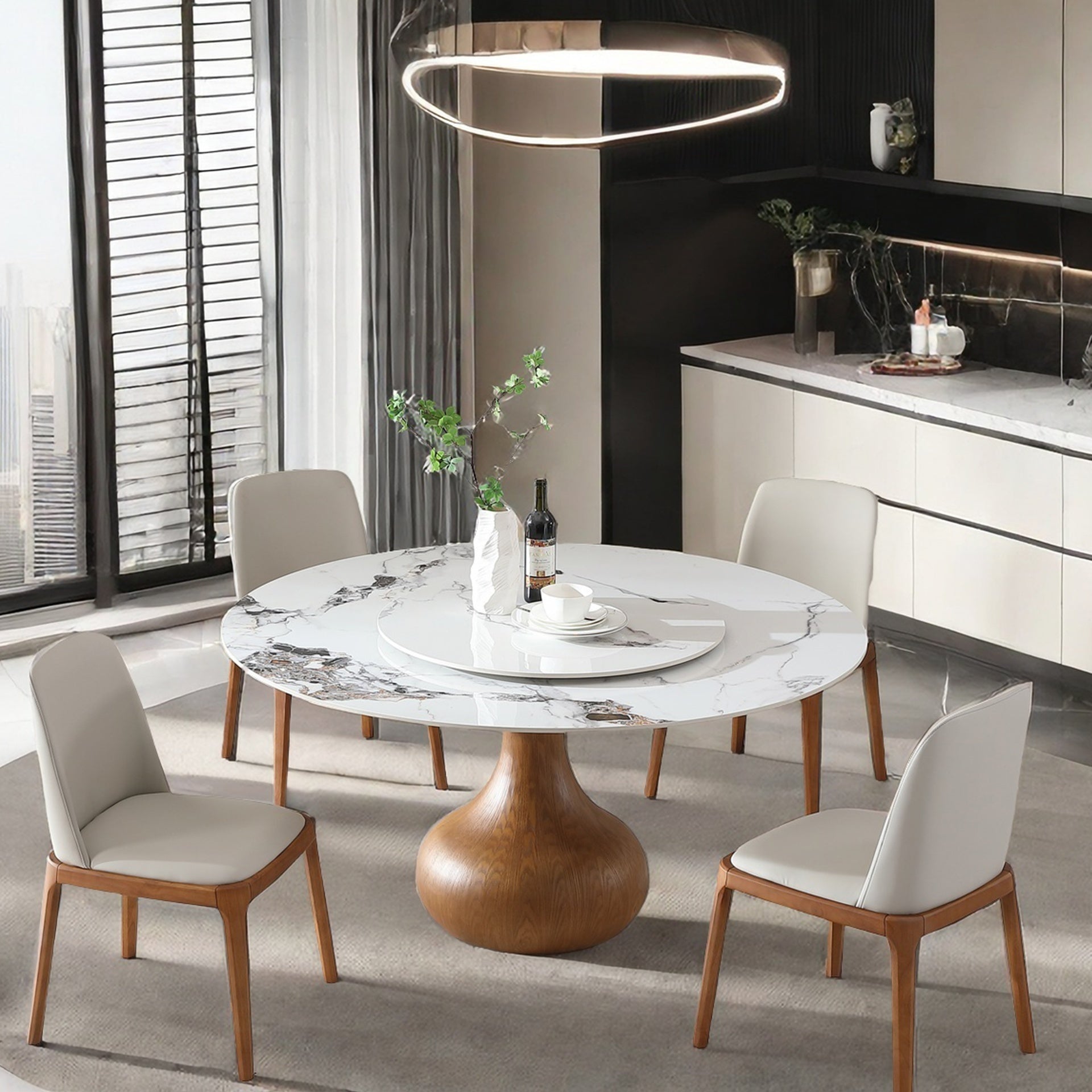 Modern Marble Dining Table, 59" Round Sintered Stone Table for Dining Room, Kitchen, Dinette, Compact Space With Lazy Susan(4 chairs)