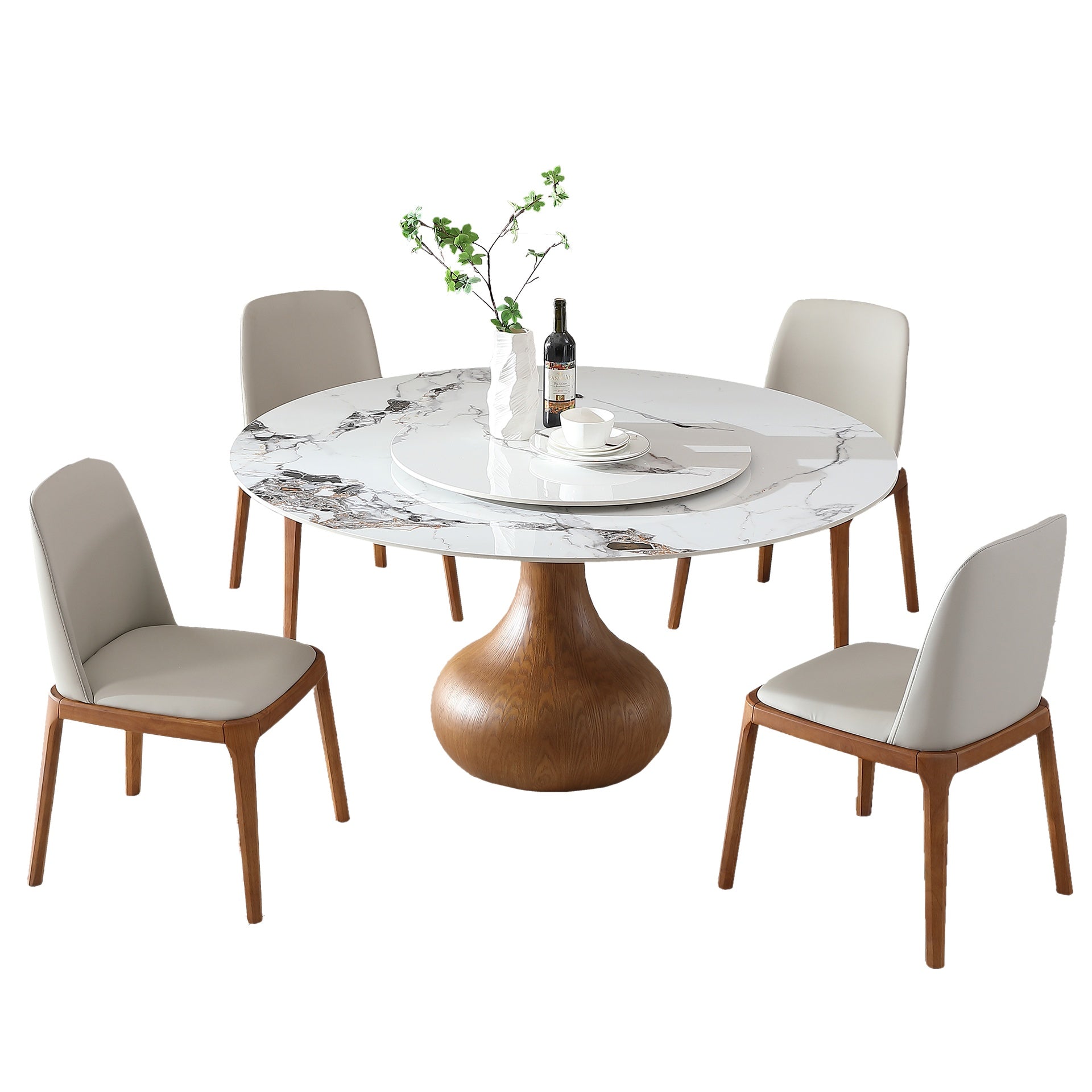 Modern Marble Dining Table, 59" Round Sintered Stone Table for Dining Room, Kitchen, Dinette, Compact Space With Lazy Susan(4 chairs)