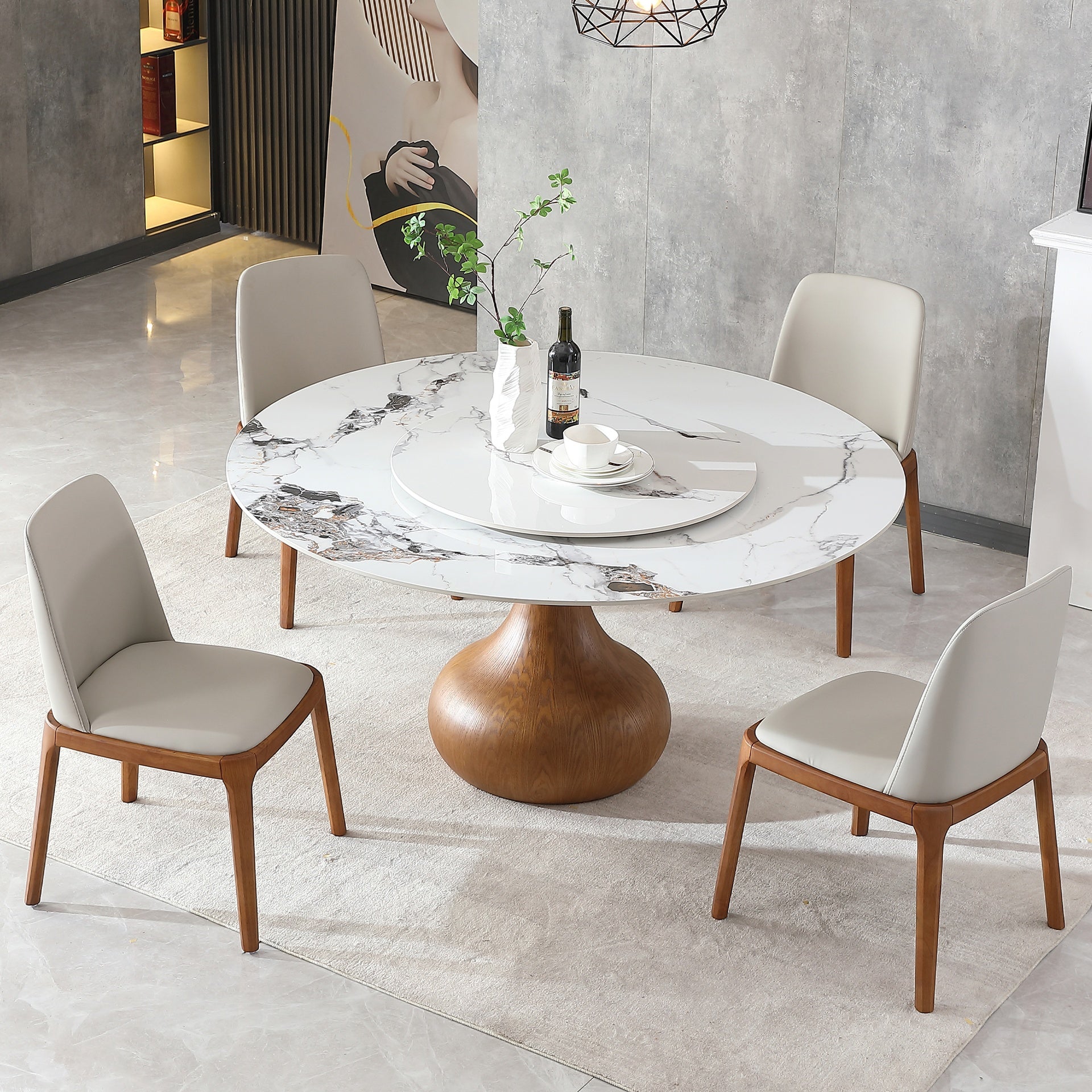 Modern Marble Dining Table, 59" Round Sintered Stone Table for Dining Room, Kitchen, Dinette, Compact Space With Lazy Susan(4 chairs)