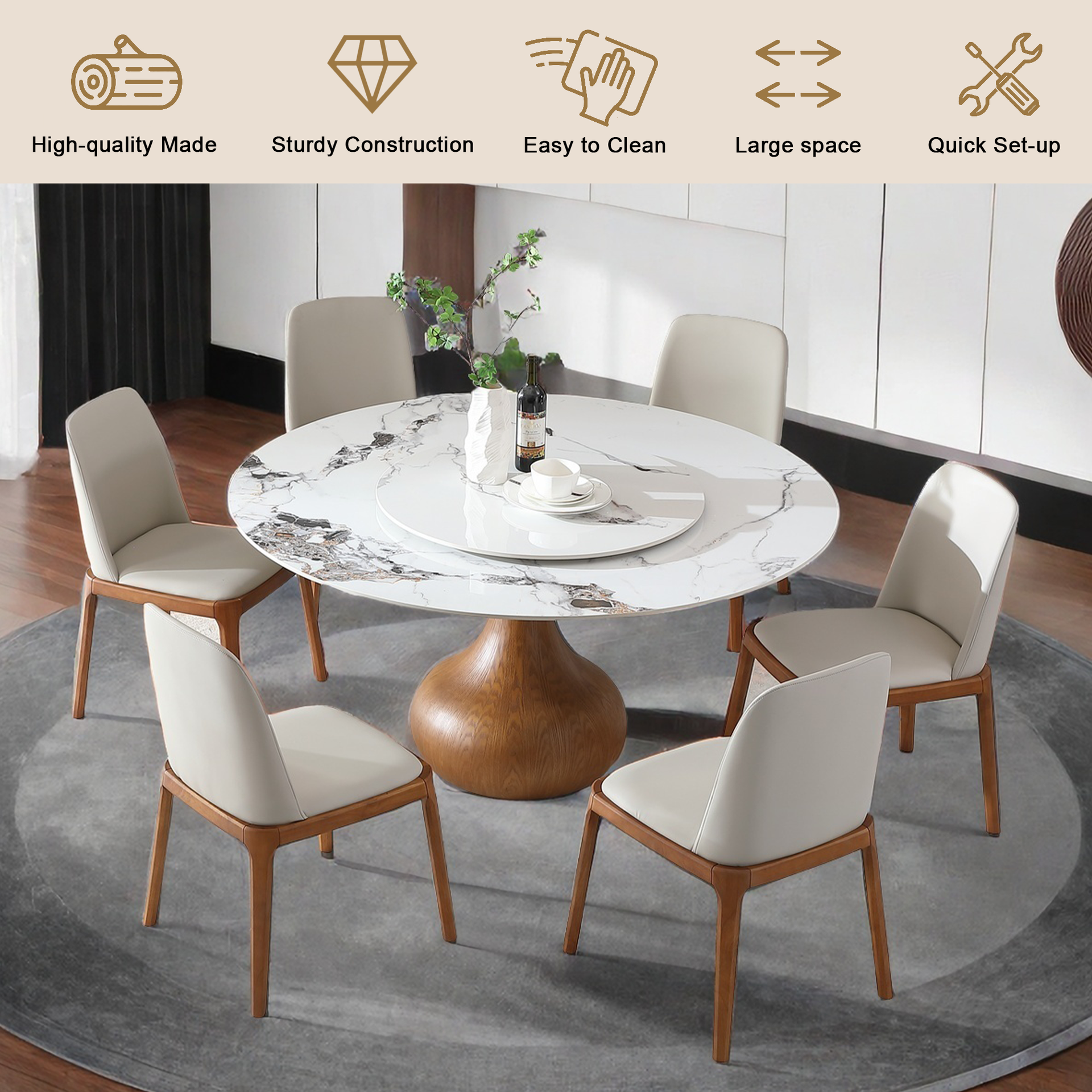 Modern Marble Dining Table, 59" Round Sintered Stone Table for Dining Room, Kitchen, Dinette, Compact Space With Lazy Susan(6 chairs)
