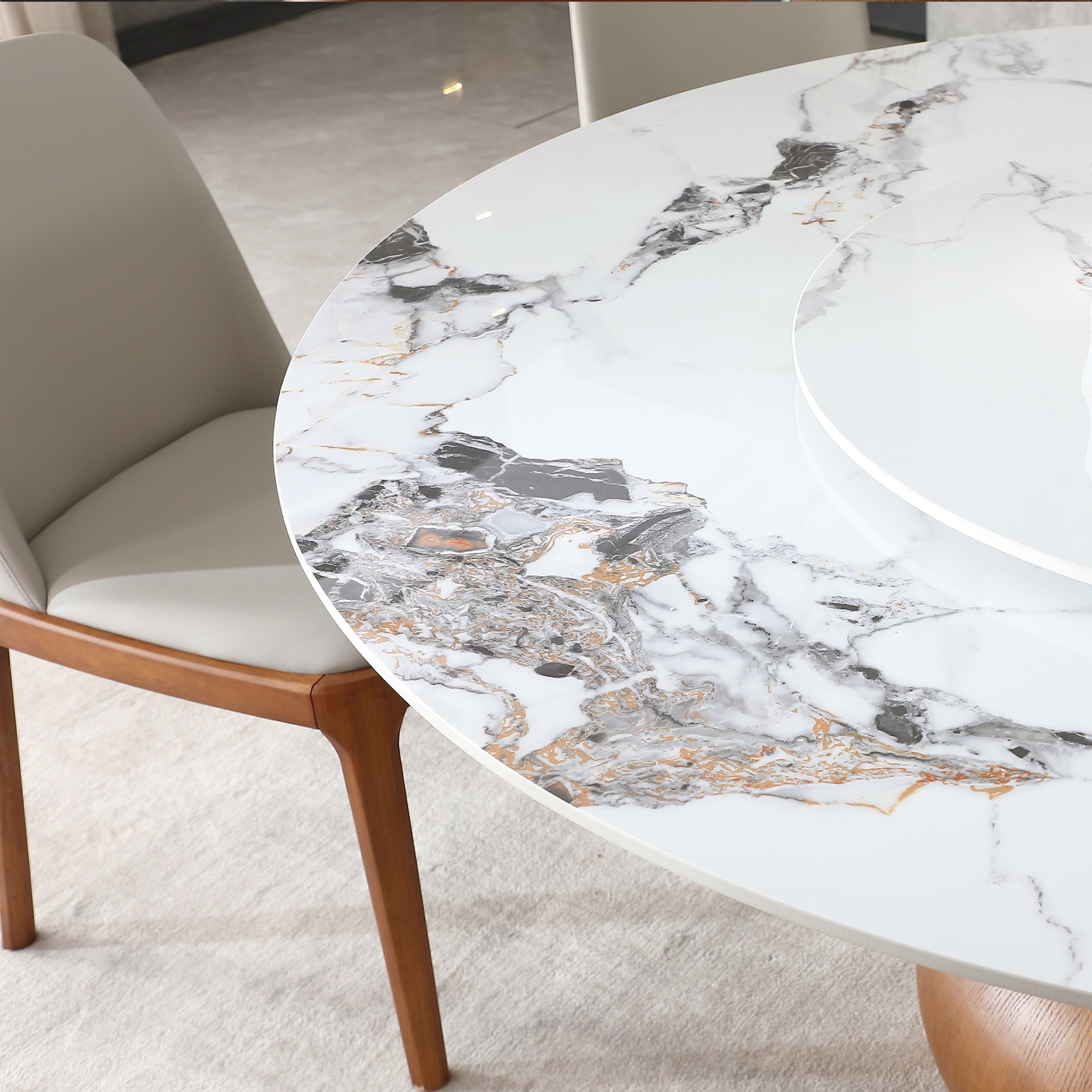 Modern Marble Dining Table, 59" Round Sintered Stone Table for Dining Room, Kitchen, Dinette, Compact Space With Lazy Susan(6 chairs)