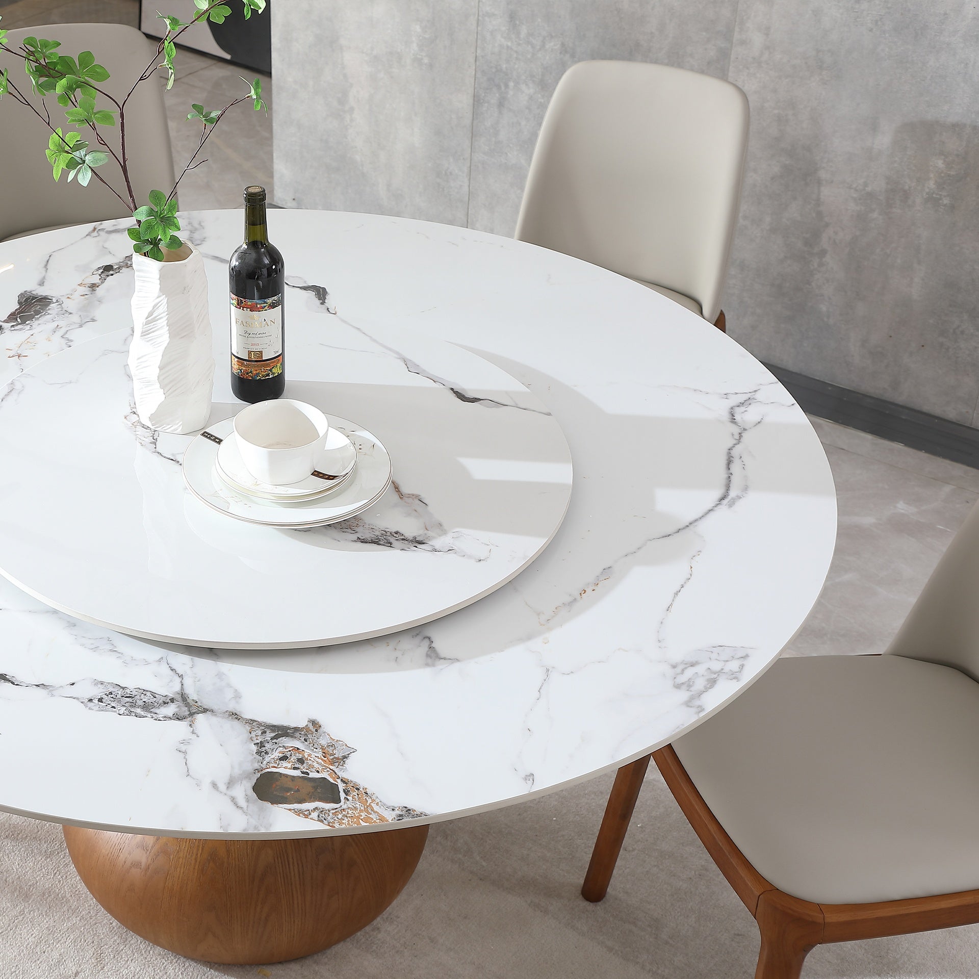 Modern Marble Dining Table, 59" Round Sintered Stone Table for Dining Room, Kitchen, Dinette, Compact Space With Lazy Susan(6 chairs)