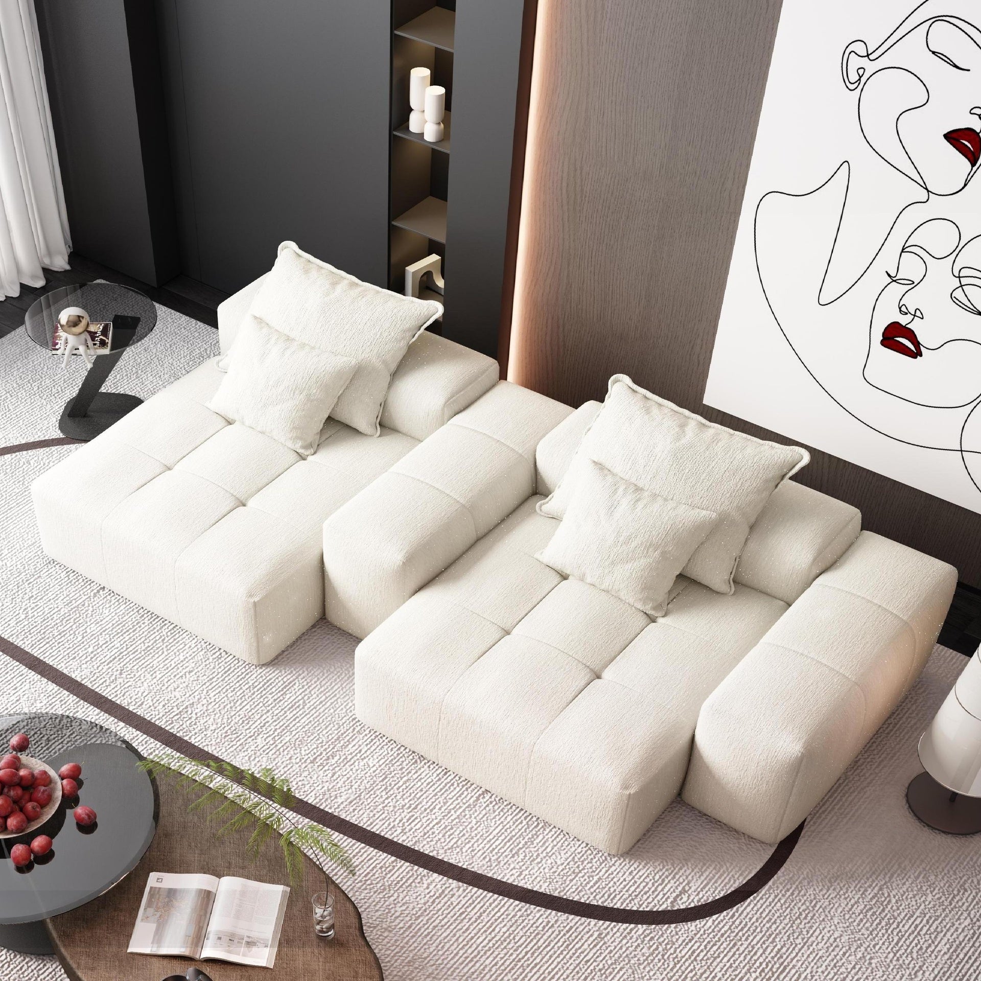Modern Oversized Modular Sectional Sofa with 2 chaise lounge and 2 armrest,Sparkling Chenille Fabric Soft Cushion Sofa with 4 Pillows,4 PCS DIY Combination Tufted Sofa,No Assembly Required,BEIGE/WHITE