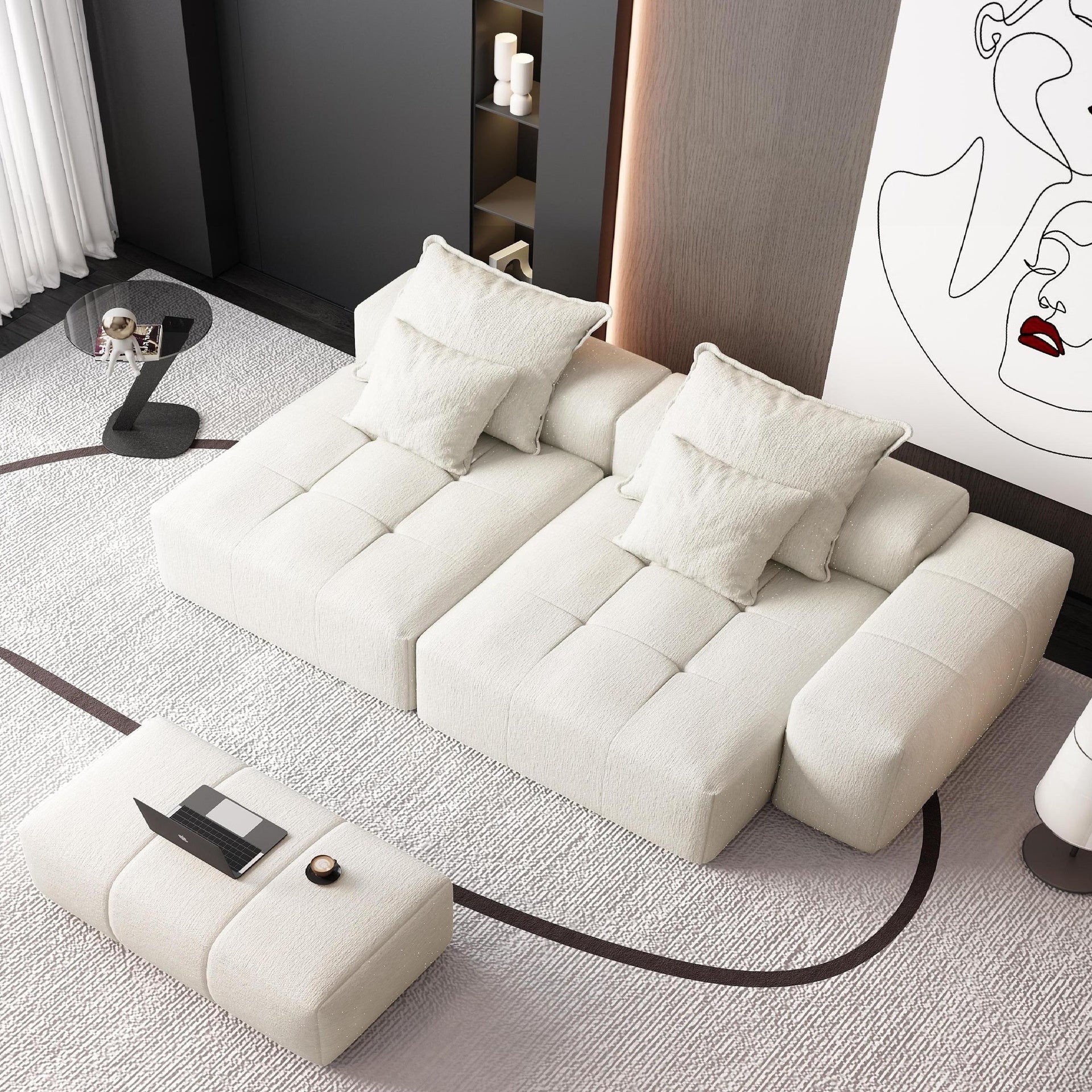 Modern Oversized Modular Sectional Sofa with 2 chaise lounge and 2 armrest,Sparkling Chenille Fabric Soft Cushion Sofa with 4 Pillows,4 PCS DIY Combination Tufted Sofa,No Assembly Required,BEIGE/WHITE