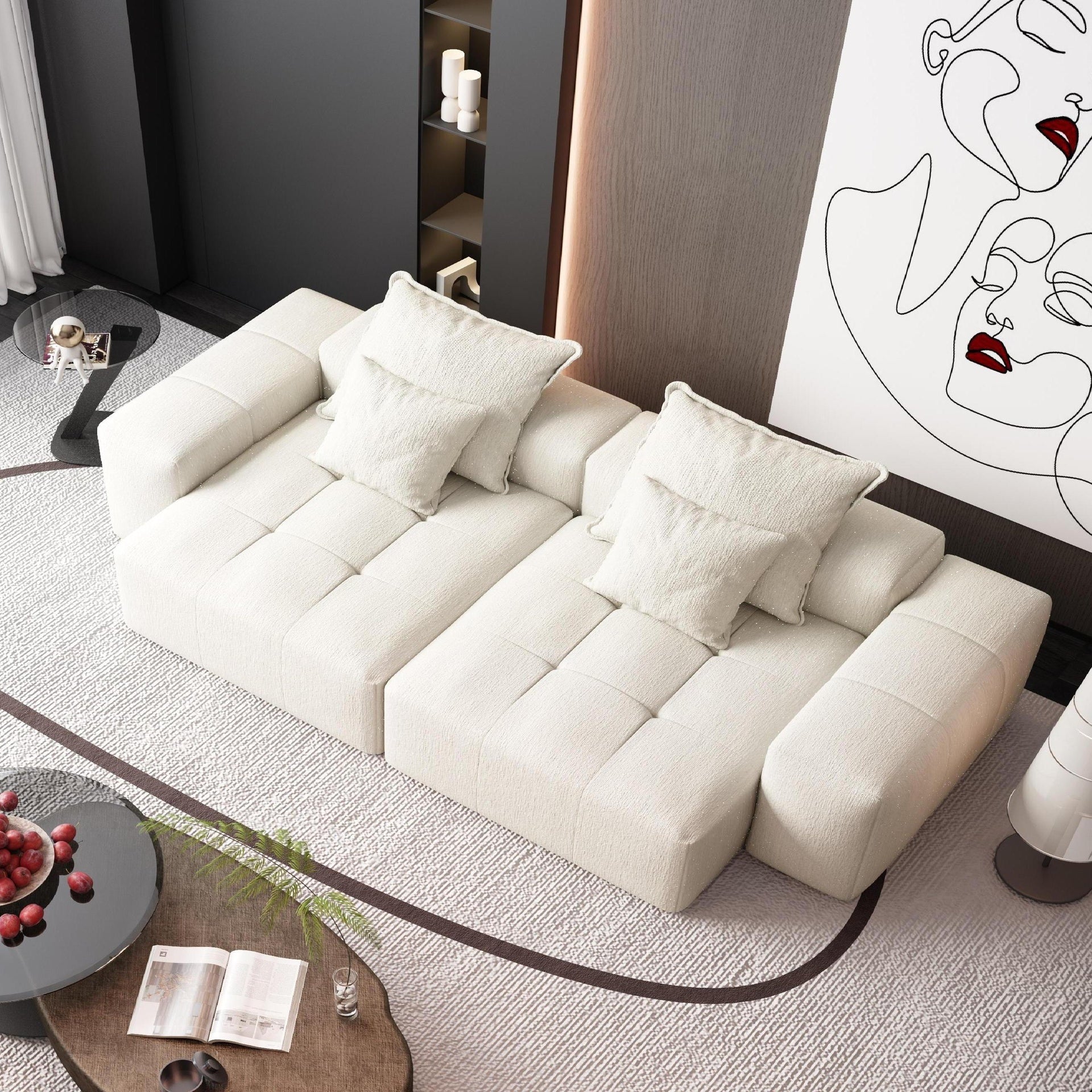 Modern Oversized Modular Sectional Sofa with 2 chaise lounge and 2 armrest,Sparkling Chenille Fabric Soft Cushion Sofa with 4 Pillows,4 PCS DIY Combination Tufted Sofa,No Assembly Required,BEIGE/WHITE
