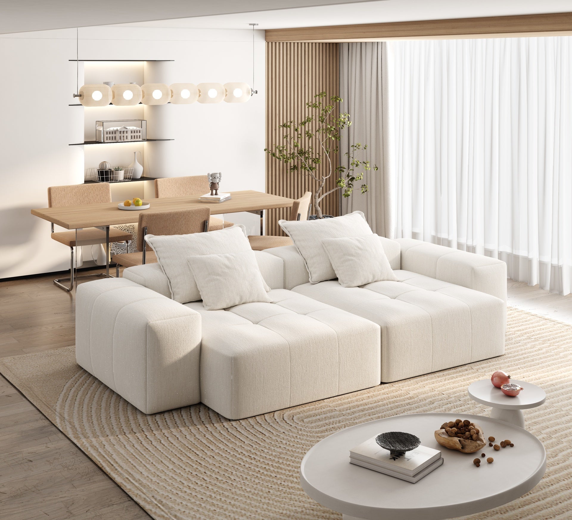 Modern Oversized Modular Sectional Sofa with 2 chaise lounge and 2 armrest,Sparkling Chenille Fabric Soft Cushion Sofa with 4 Pillows,4 PCS DIY Combination Tufted Sofa,No Assembly Required,BEIGE/WHITE