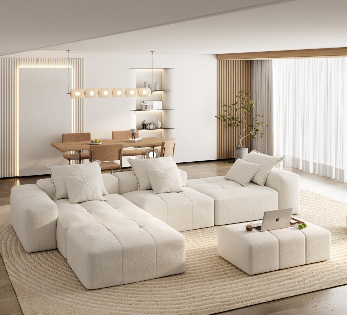 Modern Oversized Modular Sectional Sofa,Sparkling Chenille Fabric Soft Cushion Sofa with 6 Pillows,6 PCS DIY Combination Tufted Sofa,No Assembly Required,BEIGE/WHITE