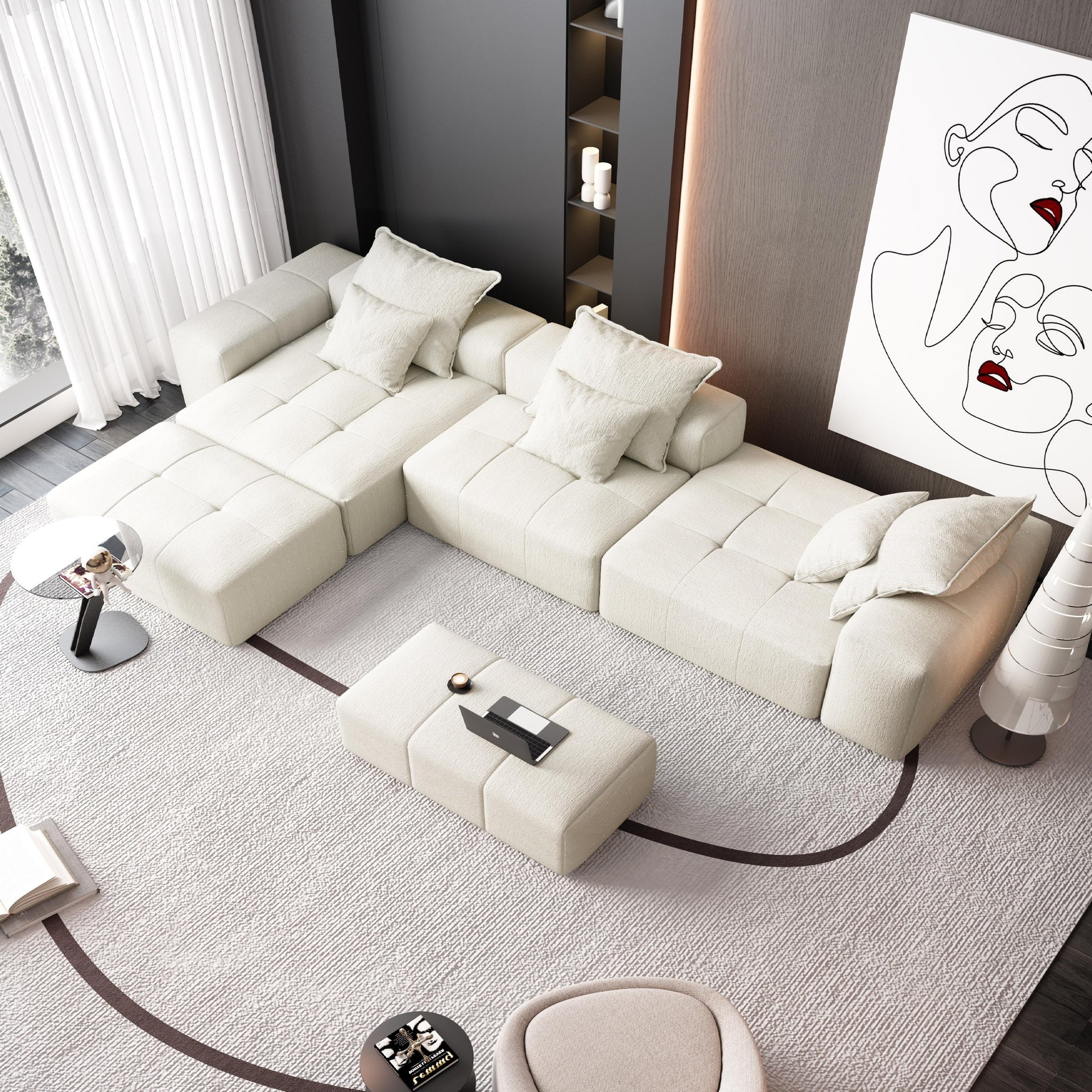 Modern Oversized Modular Sectional Sofa,Sparkling Chenille Fabric Soft Cushion Sofa with 6 Pillows,6 PCS DIY Combination Tufted Sofa,No Assembly Required,BEIGE/WHITE