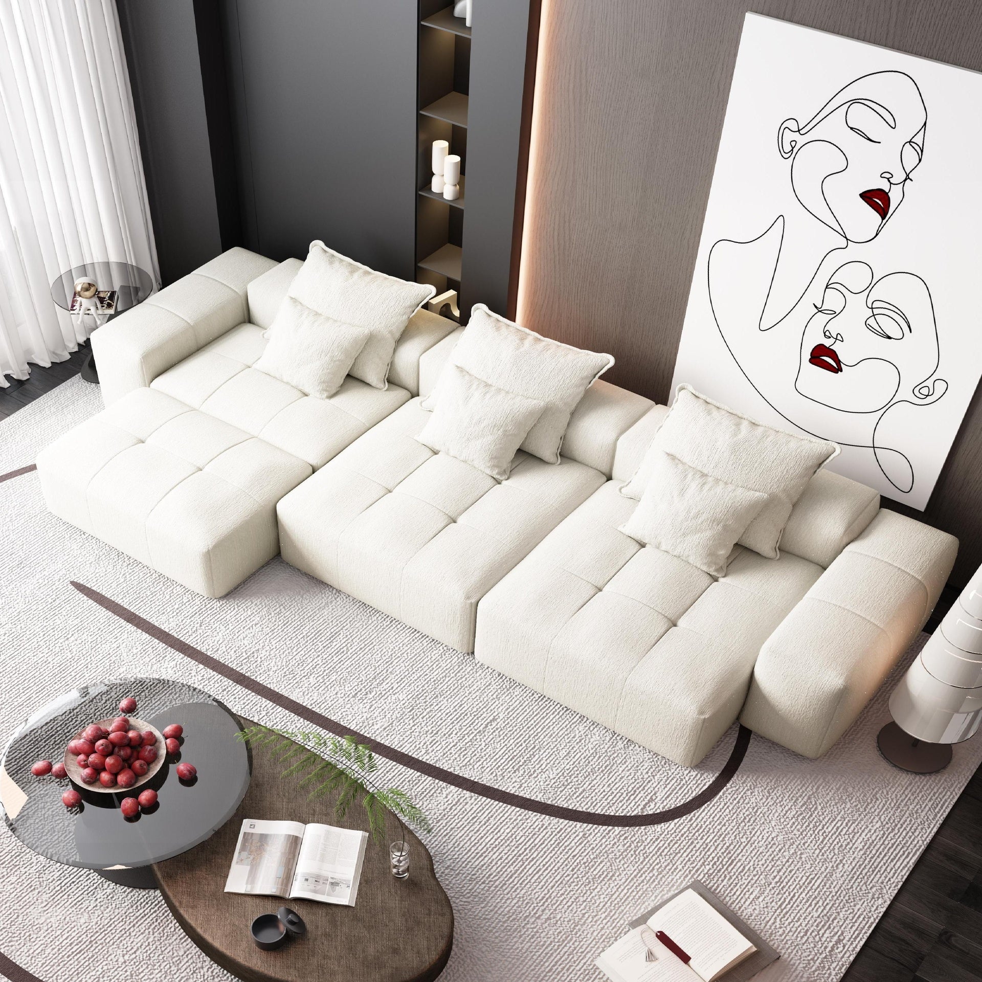 Modern Oversized Modular Sectional Sofa,Sparkling Chenille Fabric Soft Cushion Sofa with 6 Pillows,6 PCS DIY Combination Tufted Sofa,No Assembly Required,BEIGE/WHITE