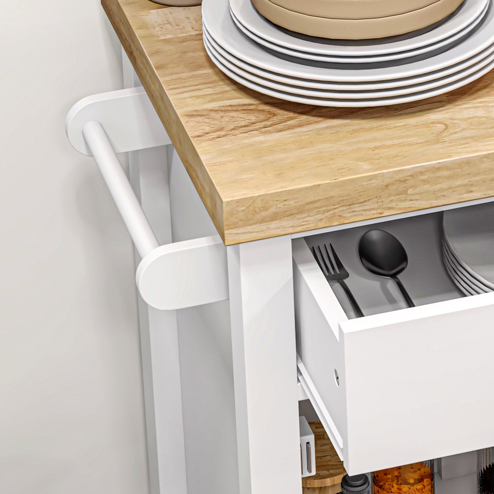 HOMCOM Kitchen Island on Wheels, Rolling Kitchen Cart with Rubberwood Top, Drawer, Wine Rack and Cabinet, White