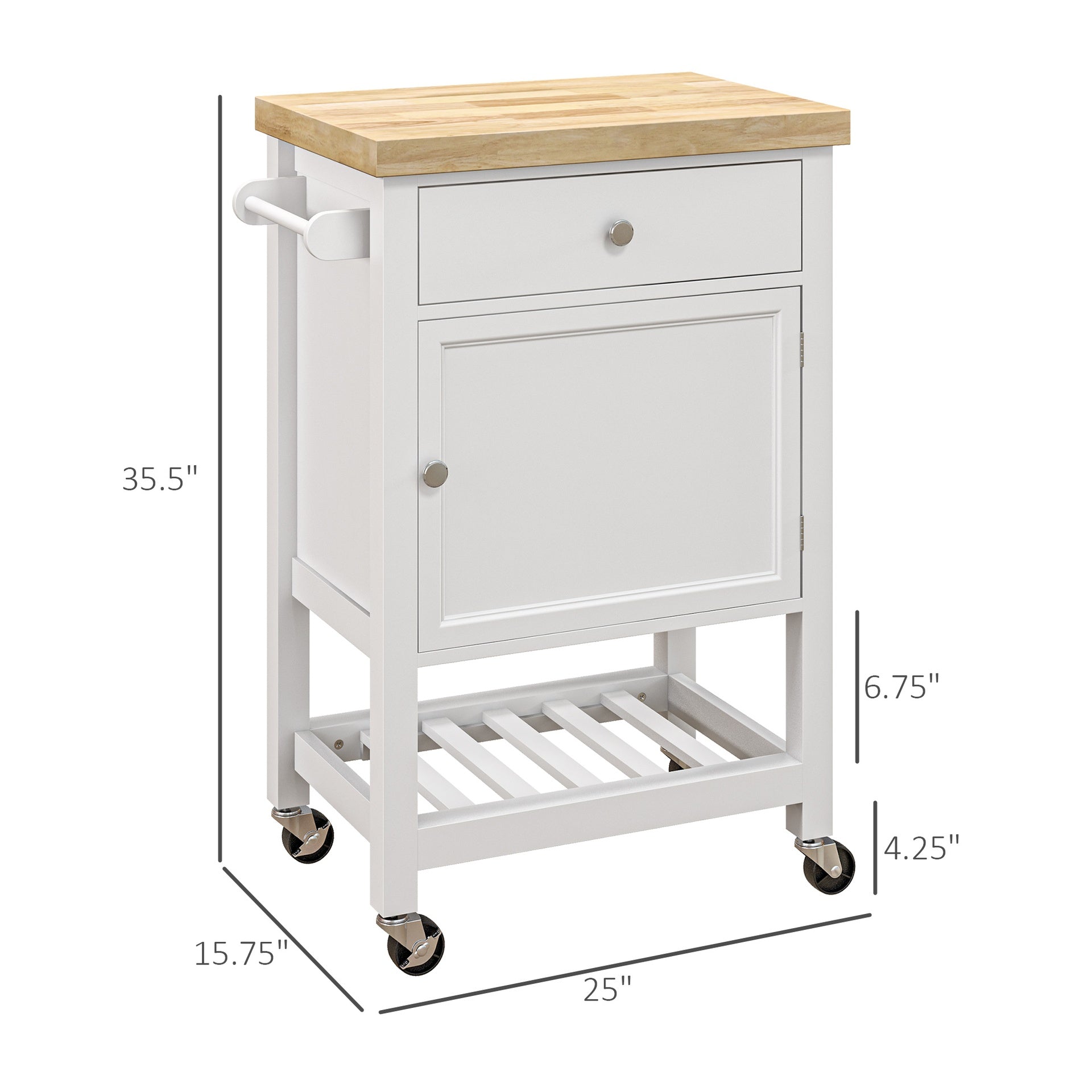 HOMCOM Kitchen Island on Wheels, Rolling Kitchen Cart with Rubberwood Top, Drawer, Wine Rack and Cabinet, White