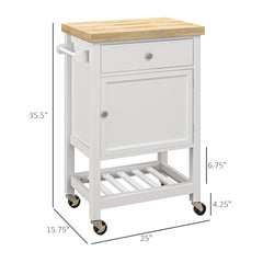 HOMCOM Kitchen Island on Wheels, Rolling Kitchen Cart with Rubberwood Top, Drawer, Wine Rack and Cabinet, White