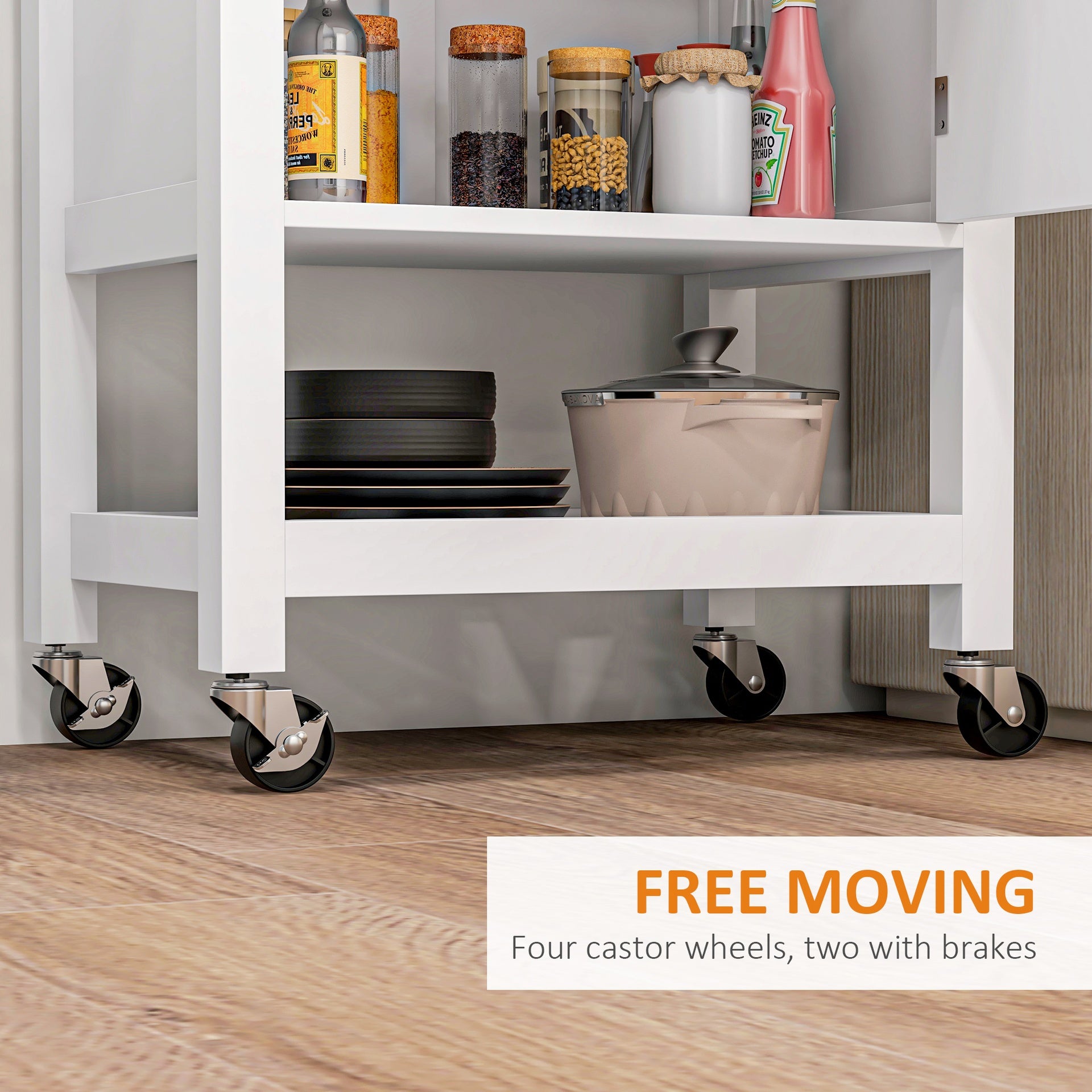 HOMCOM Kitchen Island on Wheels, Rolling Kitchen Cart with Rubberwood Top, Drawer, Wine Rack and Cabinet, White