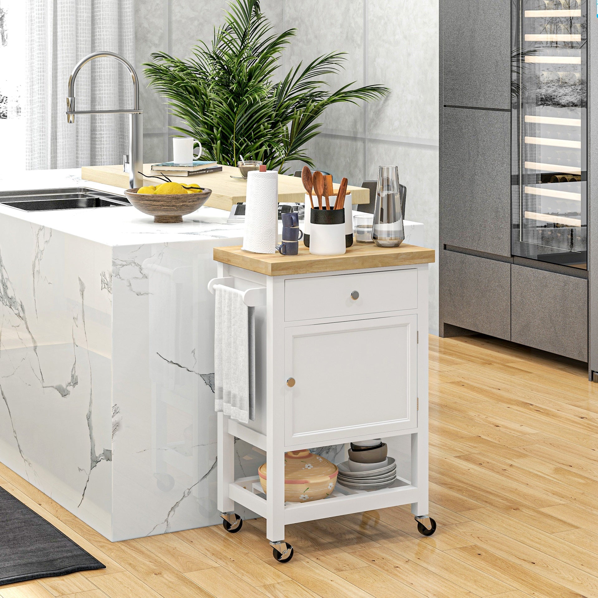 HOMCOM Kitchen Island on Wheels, Rolling Kitchen Cart with Rubberwood Top, Drawer, Wine Rack and Cabinet, White