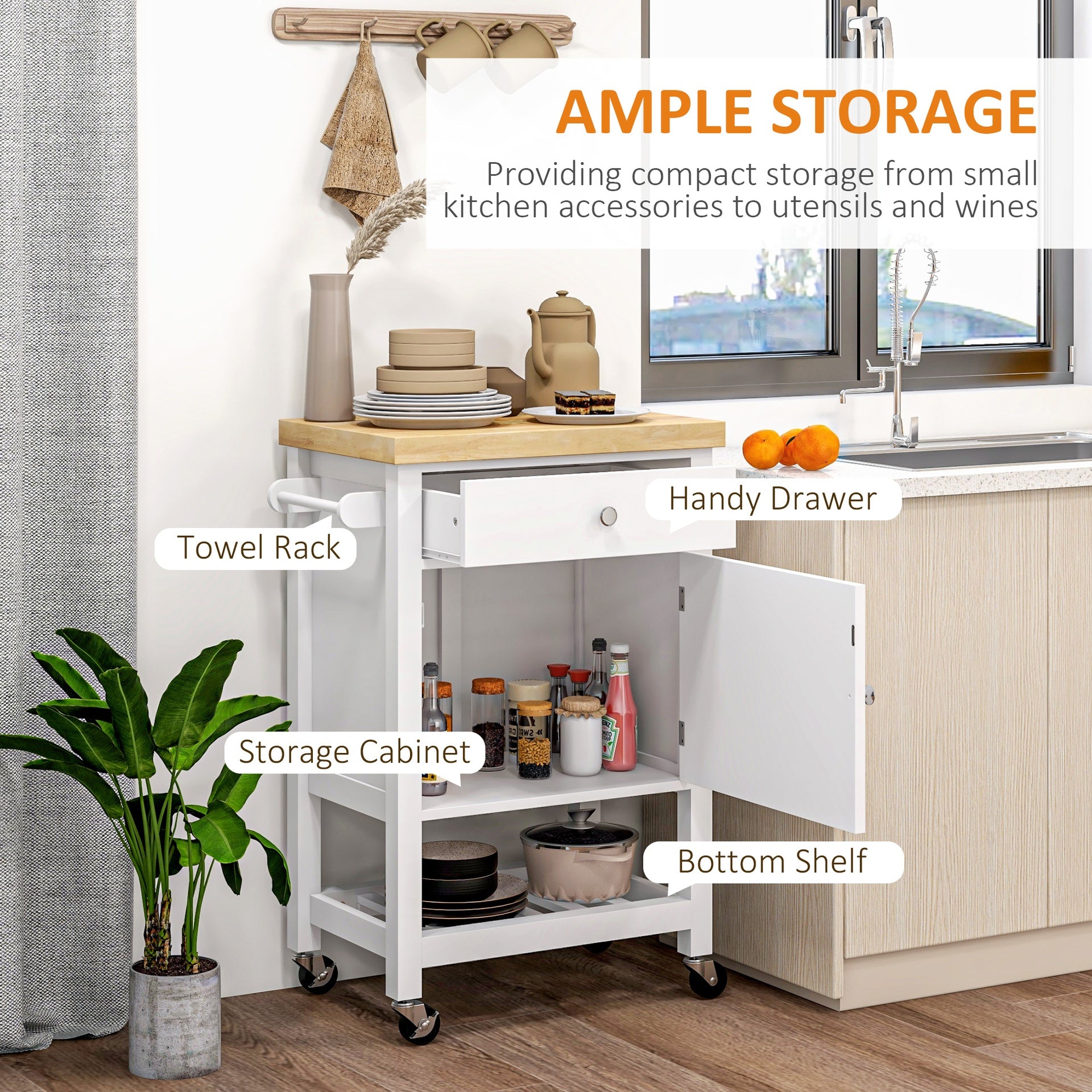 HOMCOM Kitchen Island on Wheels, Rolling Kitchen Cart with Rubberwood Top, Drawer, Wine Rack and Cabinet, White