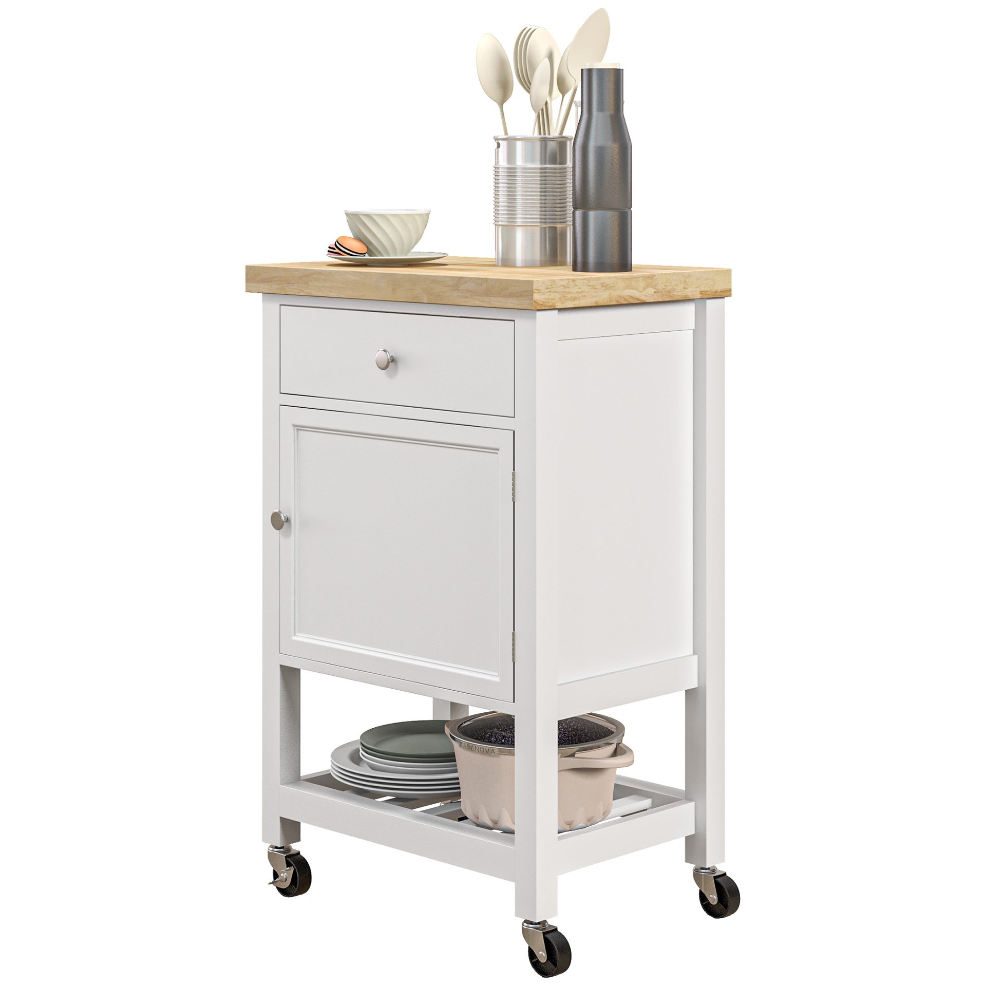 HOMCOM Kitchen Island on Wheels, Rolling Kitchen Cart with Rubberwood Top, Drawer, Wine Rack and Cabinet, White