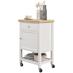 HOMCOM Kitchen Island on Wheels, Rolling Kitchen Cart with Rubberwood Top, Drawer, Wine Rack and Cabinet, White