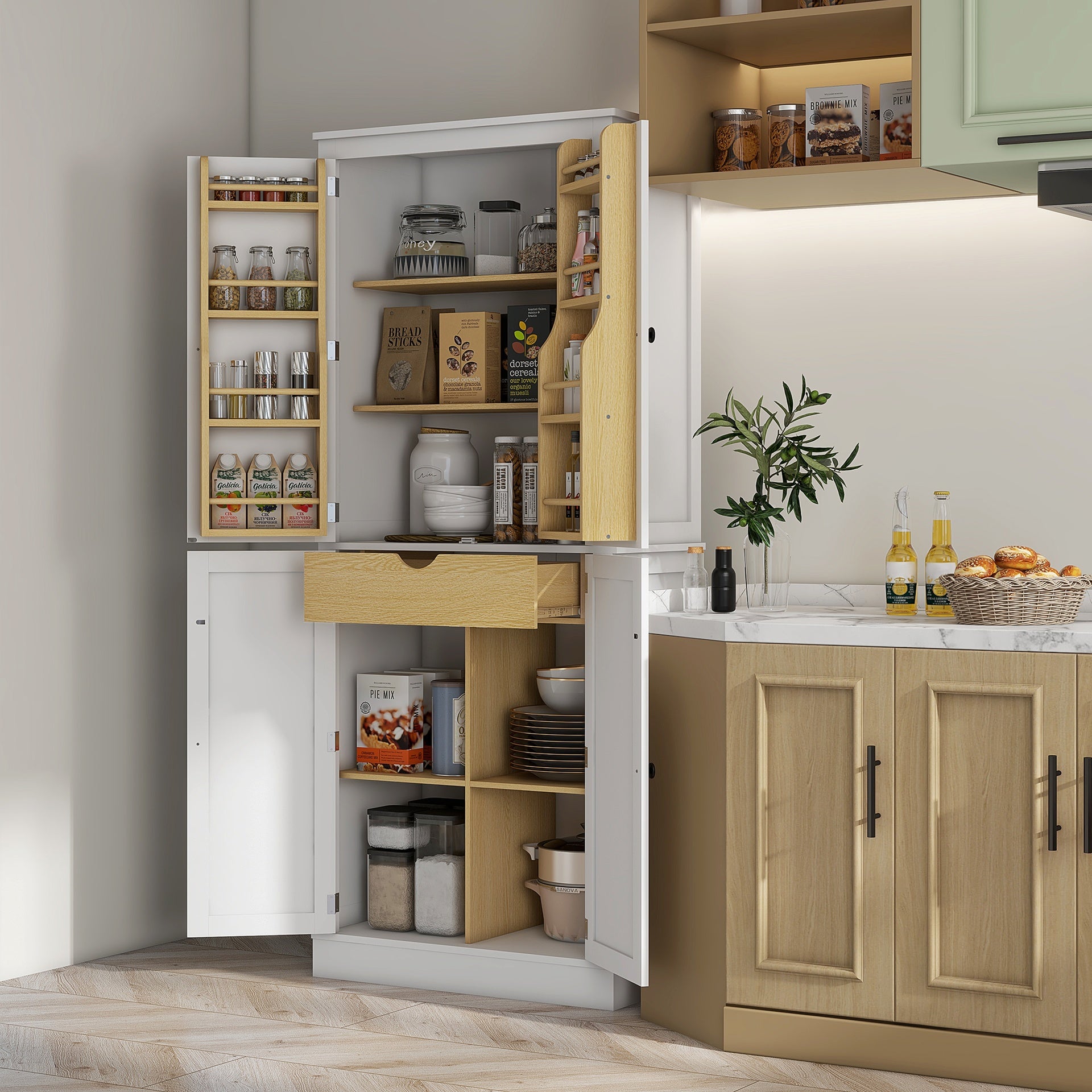 HOMCOM 72" Kitchen Pantry Storage Cabinet, Modern Tall Kitchen Cabinet with 5-tier Storage Shelving, 8 Spice Racks, Drawer