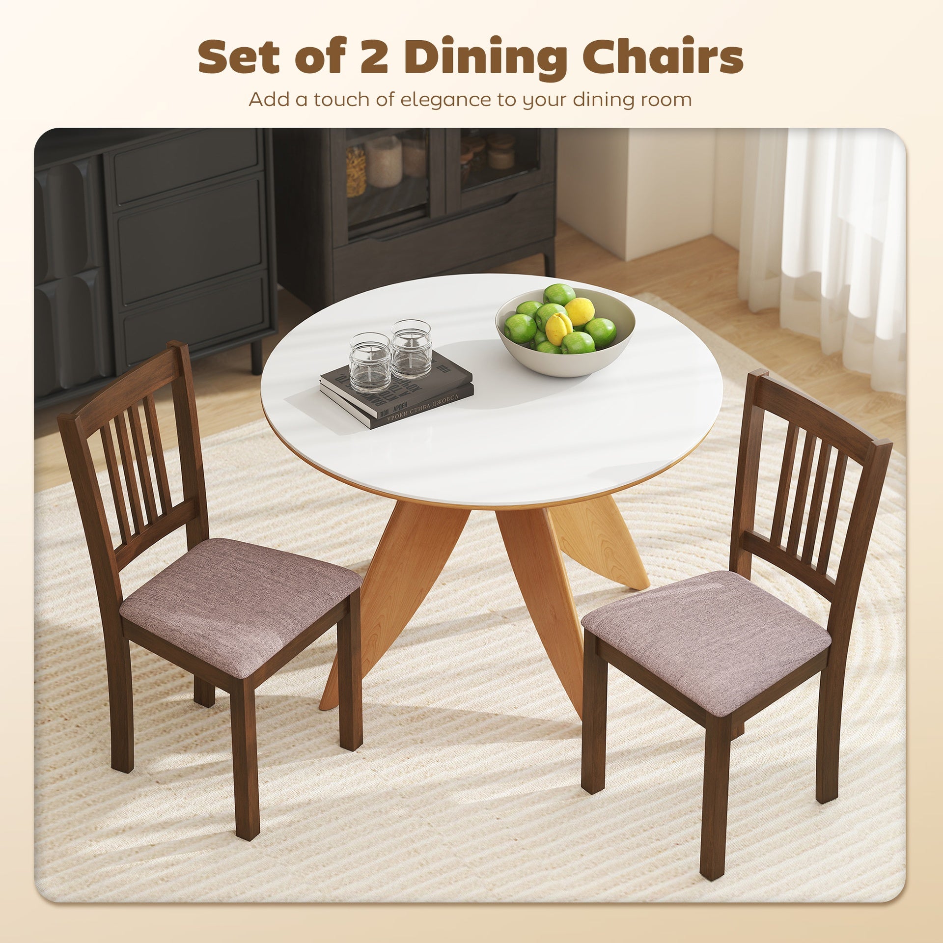 HOMCOM Dining Chairs Set of 2 Linen Upholstered Kitchen Chairs with Rubberwood Legs for Dining Room Living Room Walnut Taupe