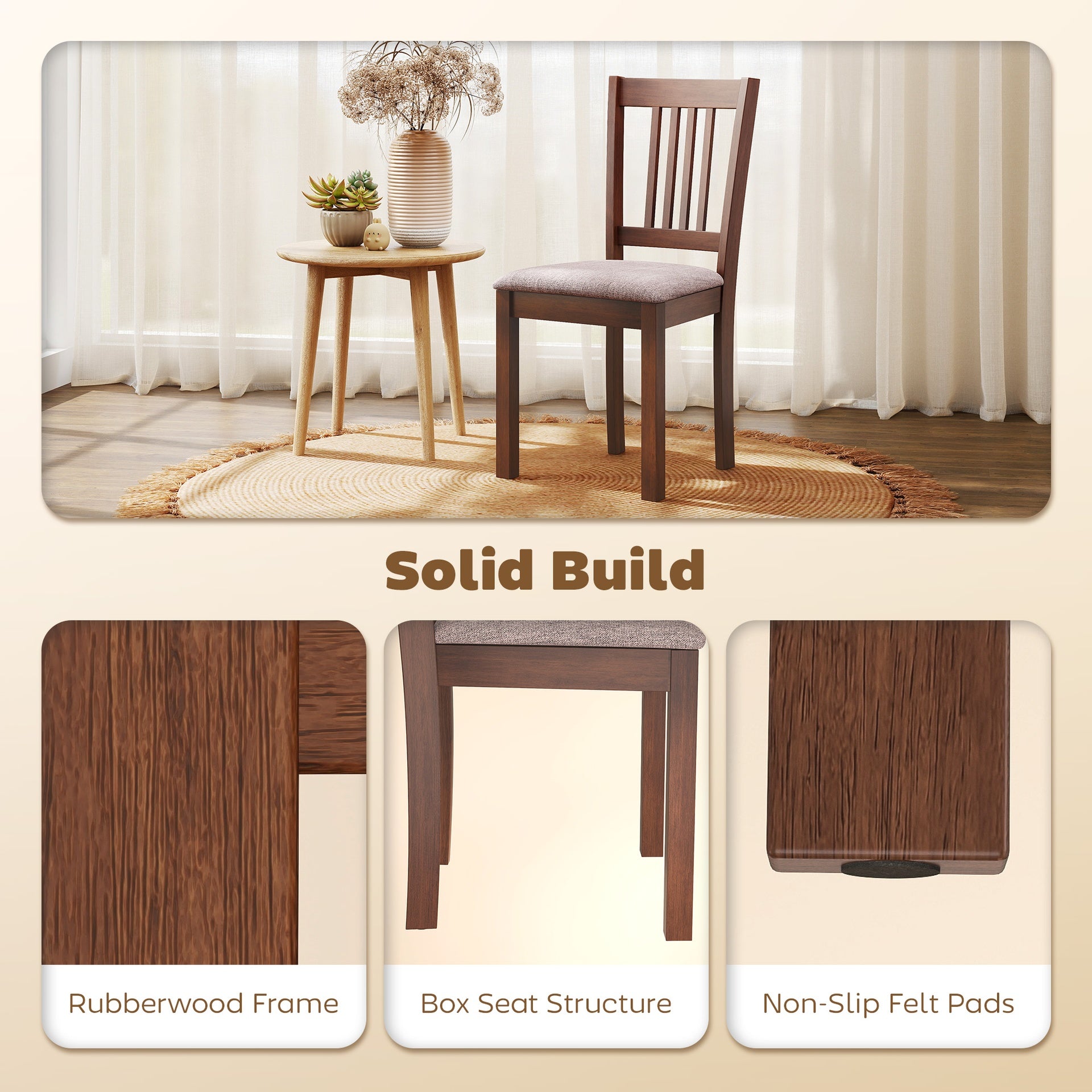 HOMCOM Dining Chairs Set of 2 Linen Upholstered Kitchen Chairs with Rubberwood Legs for Dining Room Living Room Walnut Taupe