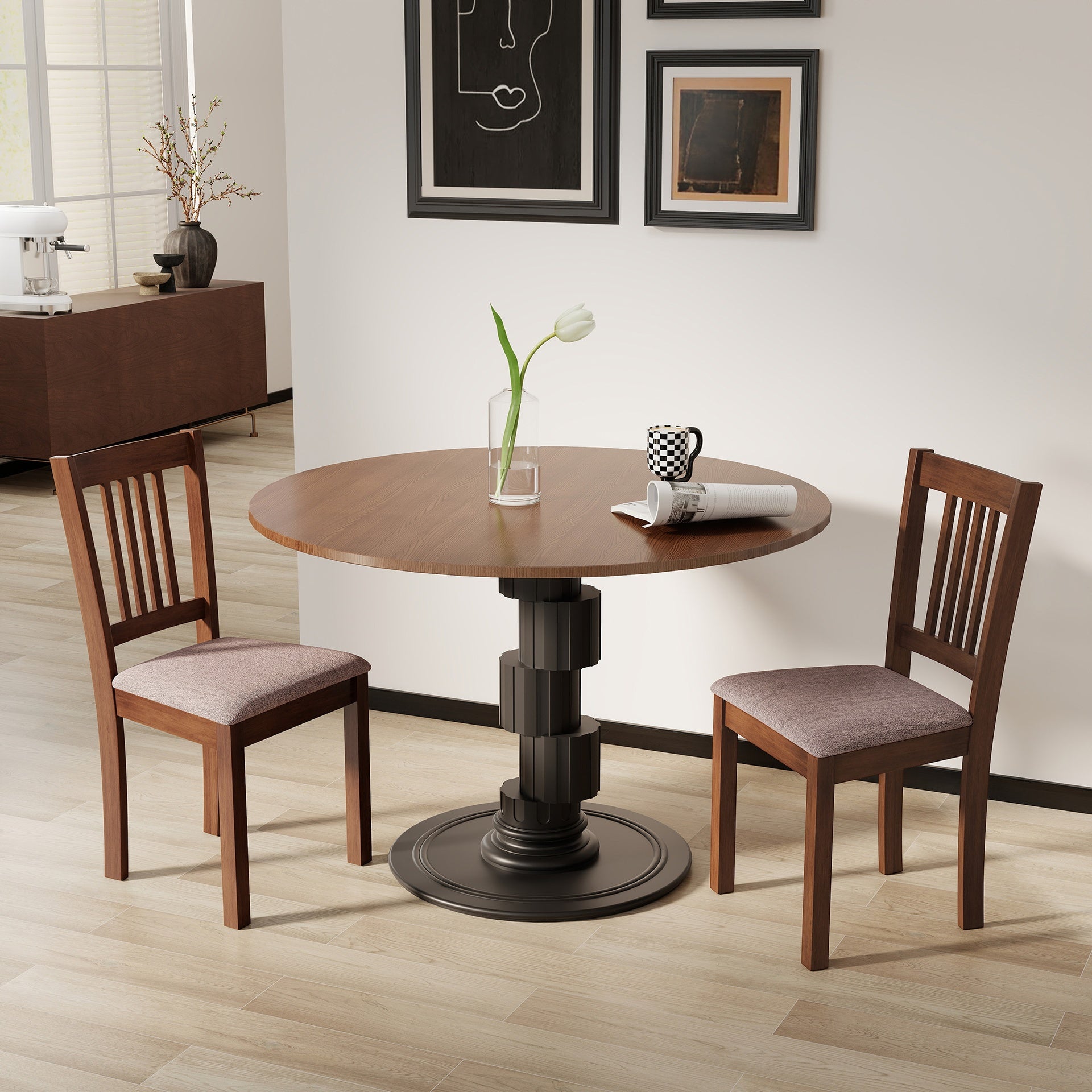 HOMCOM Dining Chairs Set of 2 Linen Upholstered Kitchen Chairs with Rubberwood Legs for Dining Room Living Room Walnut Taupe