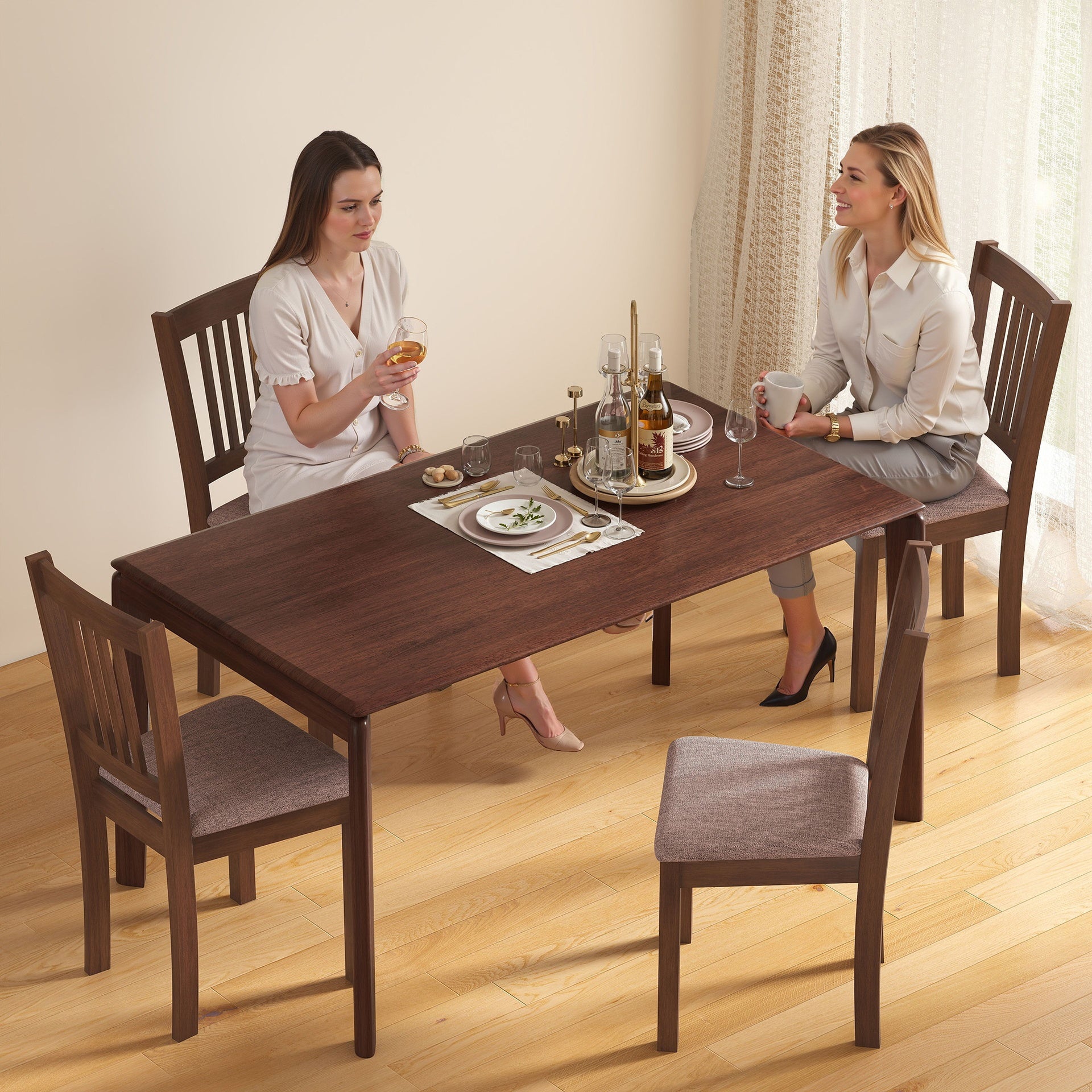 HOMCOM Dining Chairs Set of 2 Linen Upholstered Kitchen Chairs with Rubberwood Legs for Dining Room Living Room Walnut Taupe