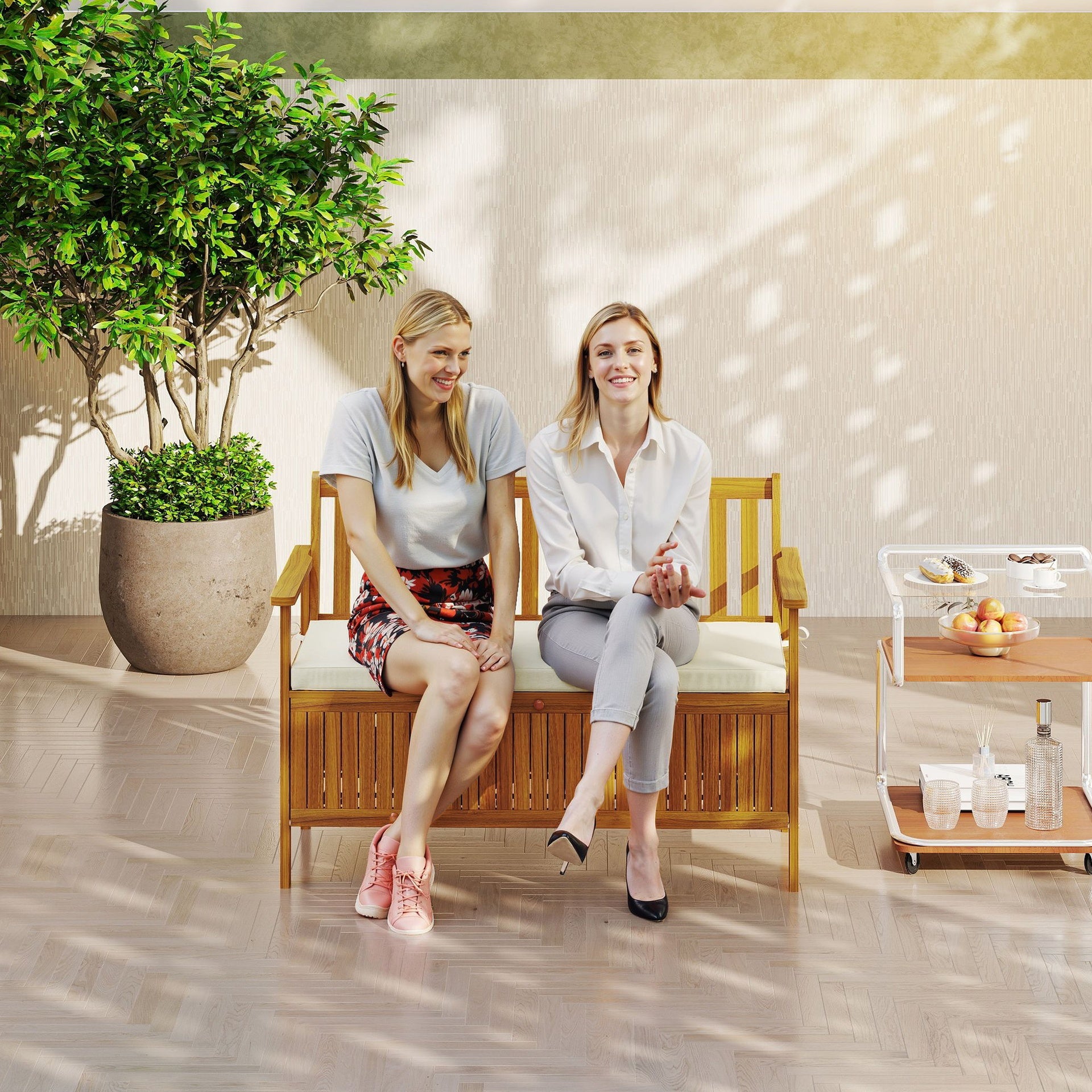 Outsunny Outdoor Bench with Storage Compartment, Acacia Wood Patio Bench with Cushion, 2 Seater Garden Bench, Teak