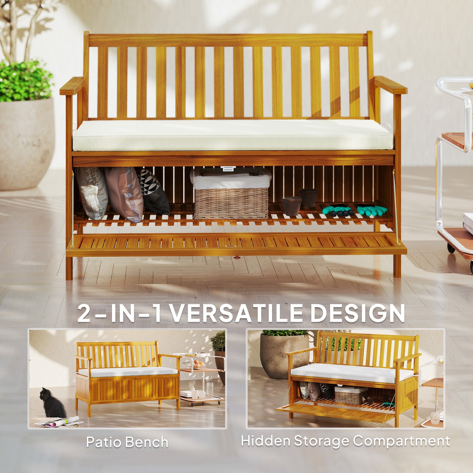Outsunny Outdoor Bench with Storage Compartment, Acacia Wood Patio Bench with Cushion, 2 Seater Garden Bench, Teak