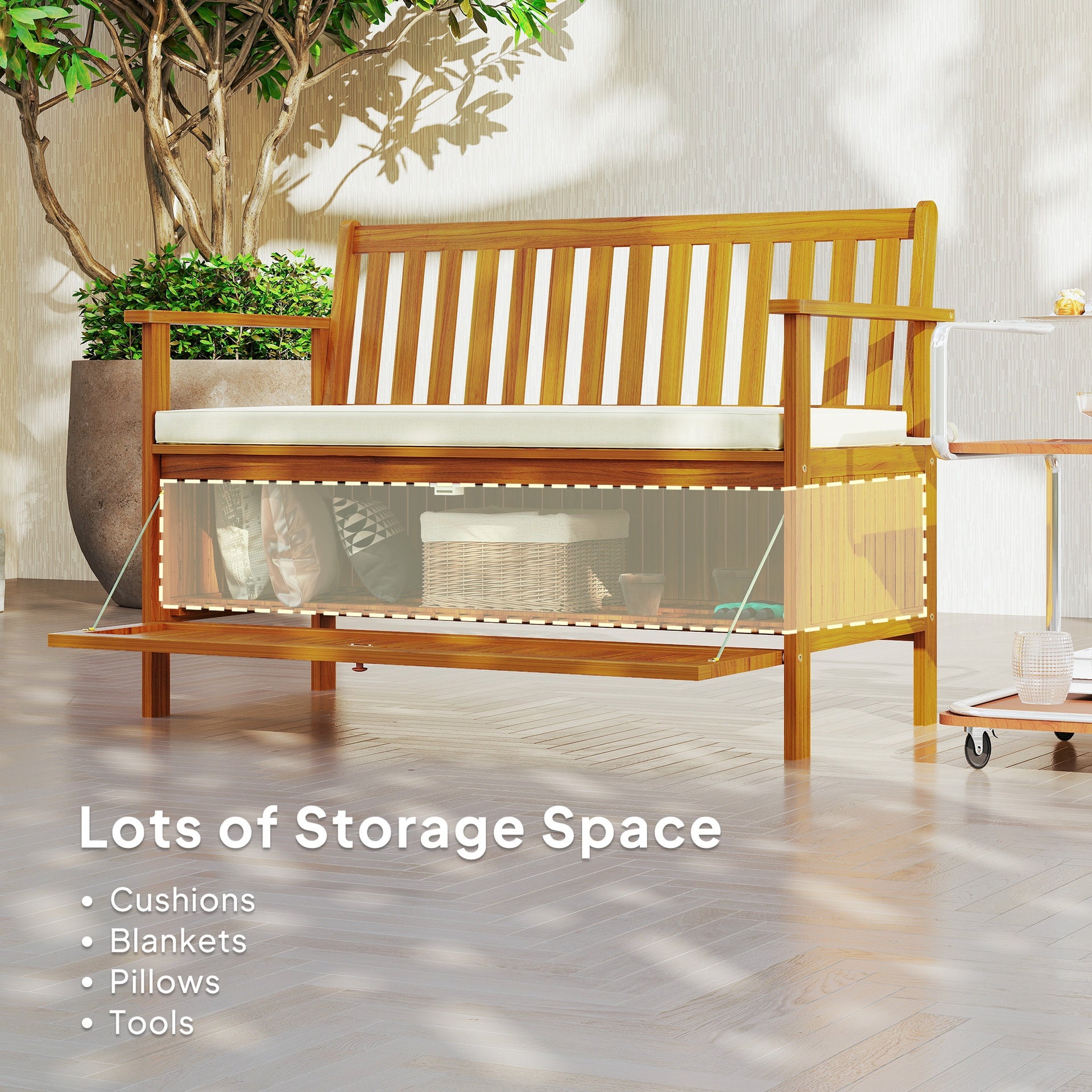 Outsunny Outdoor Bench with Storage Compartment, Acacia Wood Patio Bench with Cushion, 2 Seater Garden Bench, Teak