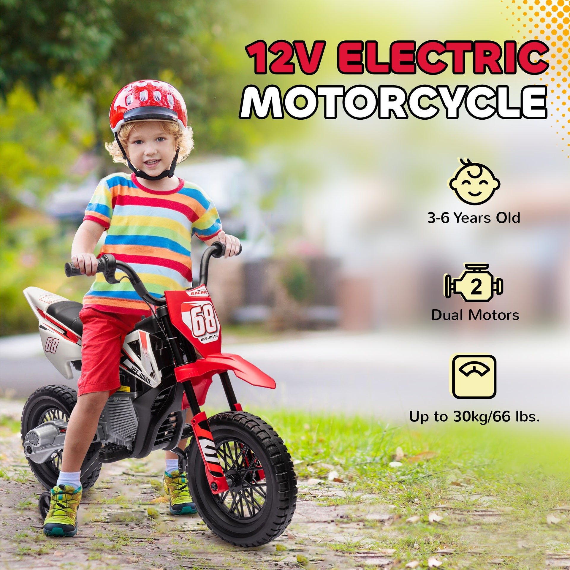 Qaba 12V Kids Electric Motorcycle w/ Twist Grip Throttle, Training Wheels, Rear Suspension & Music, Red