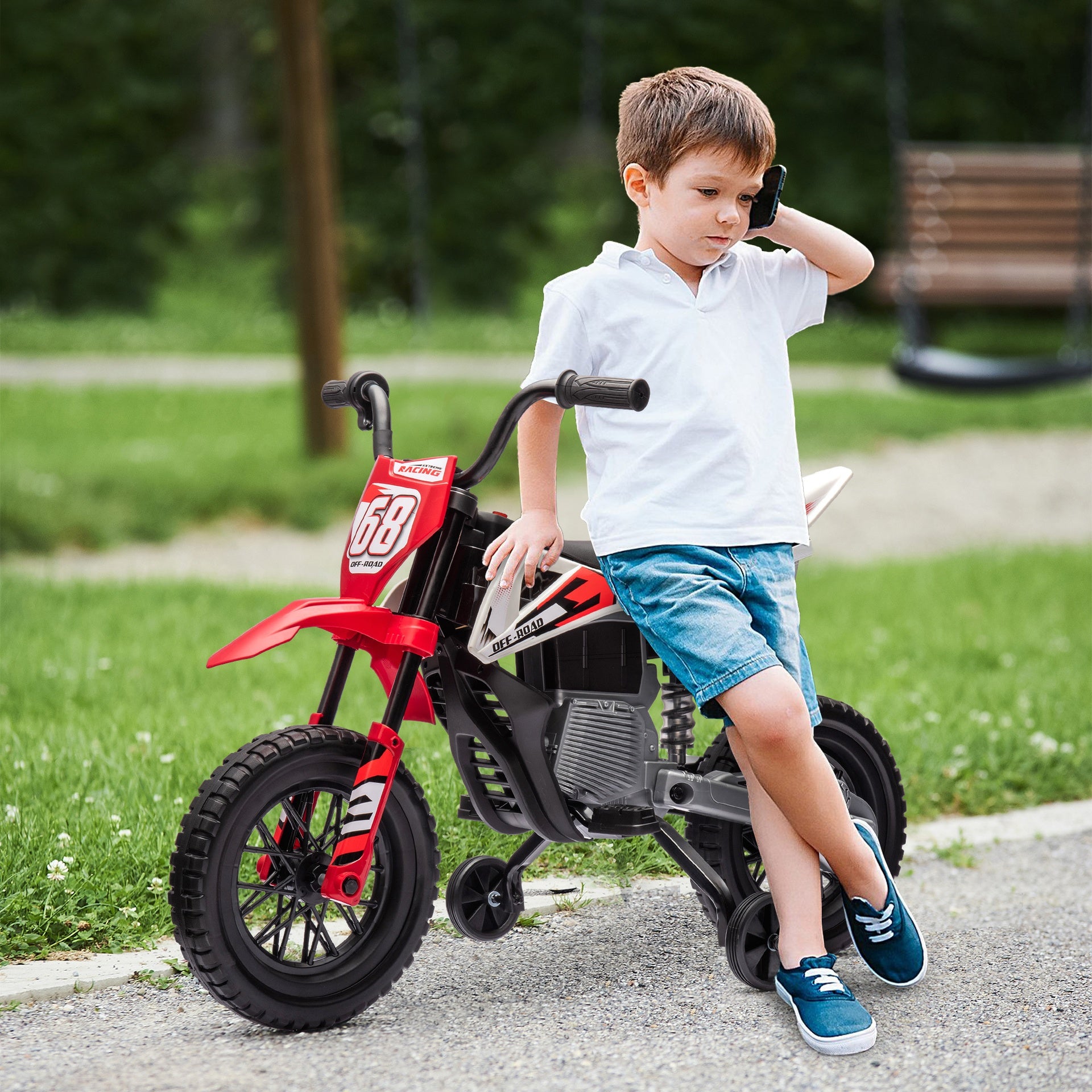 Qaba 12V Kids Electric Motorcycle w/ Twist Grip Throttle, Training Wheels, Rear Suspension & Music, Red