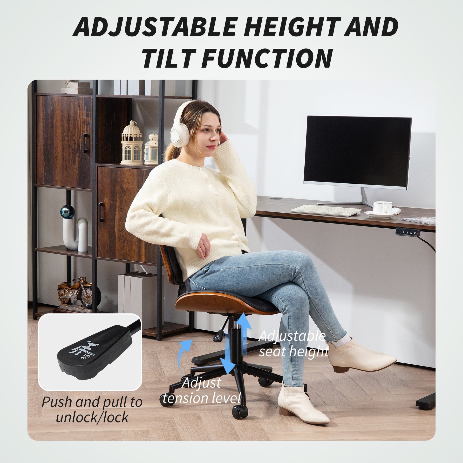 HOMCOM Home Office Chair No Arms with Wheels, PU Leather Desk Chair with Adjustable Height, 360 Swivel for Reading, Black