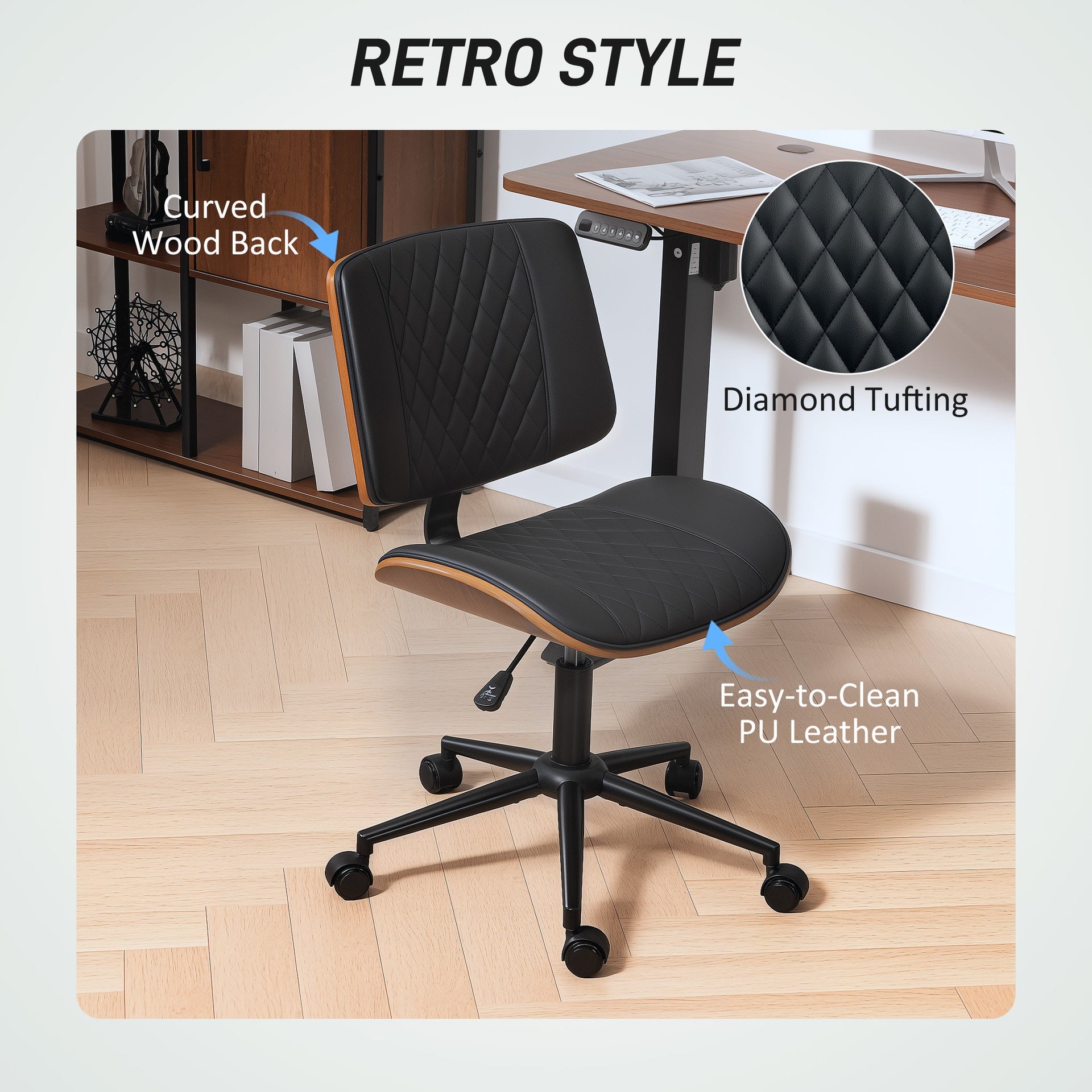 HOMCOM Home Office Chair No Arms with Wheels, PU Leather Desk Chair with Adjustable Height, 360 Swivel for Reading, Black
