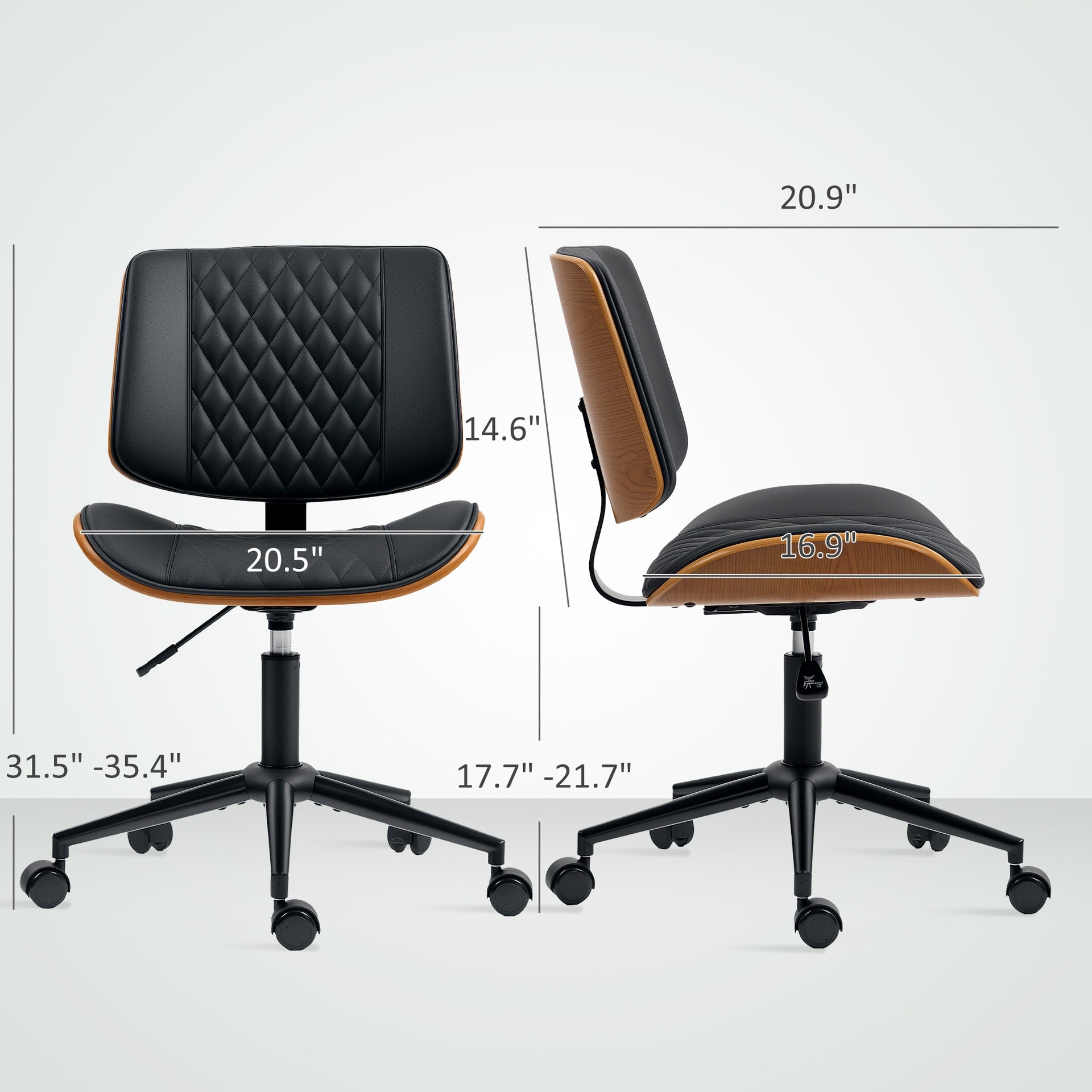 HOMCOM Home Office Chair No Arms with Wheels, PU Leather Desk Chair with Adjustable Height, 360 Swivel for Reading, Black
